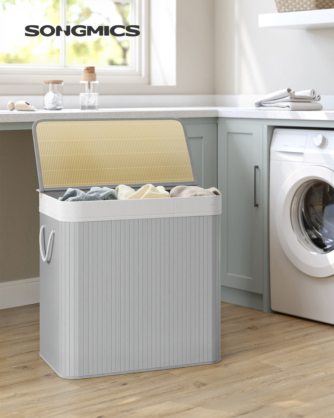 3-Section Laundry Hamper with Lid 39.6 Gallons (150L) - Gray