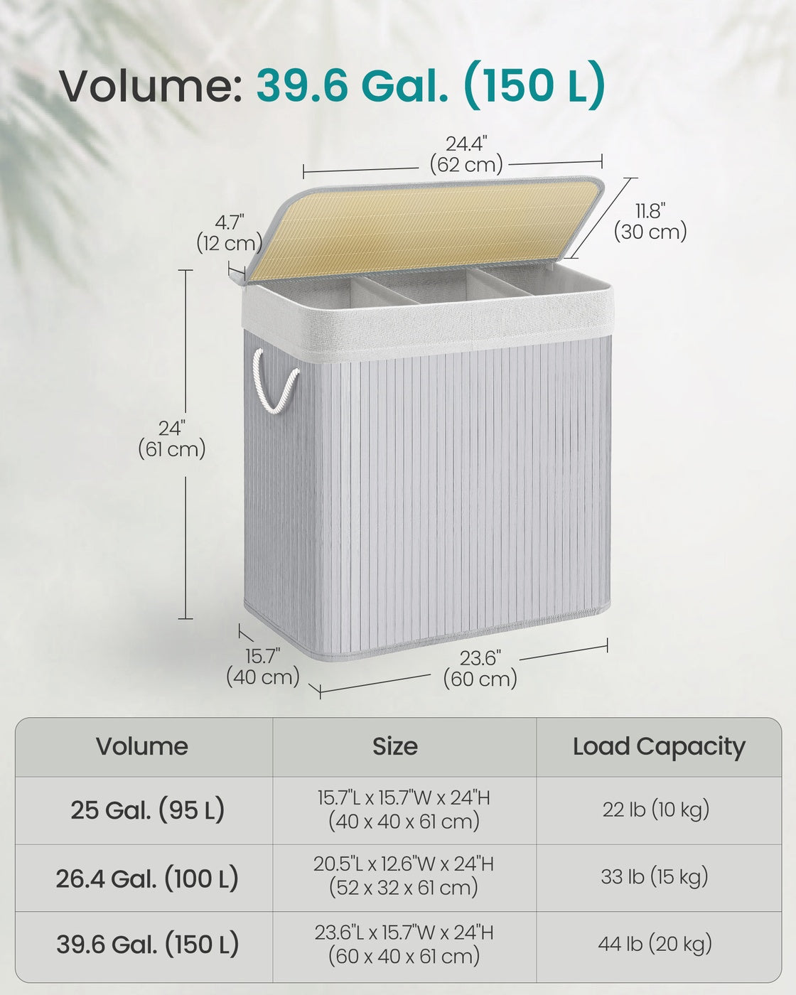 3-Section Laundry Hamper with Lid 39.6 Gallons (150L) - Gray