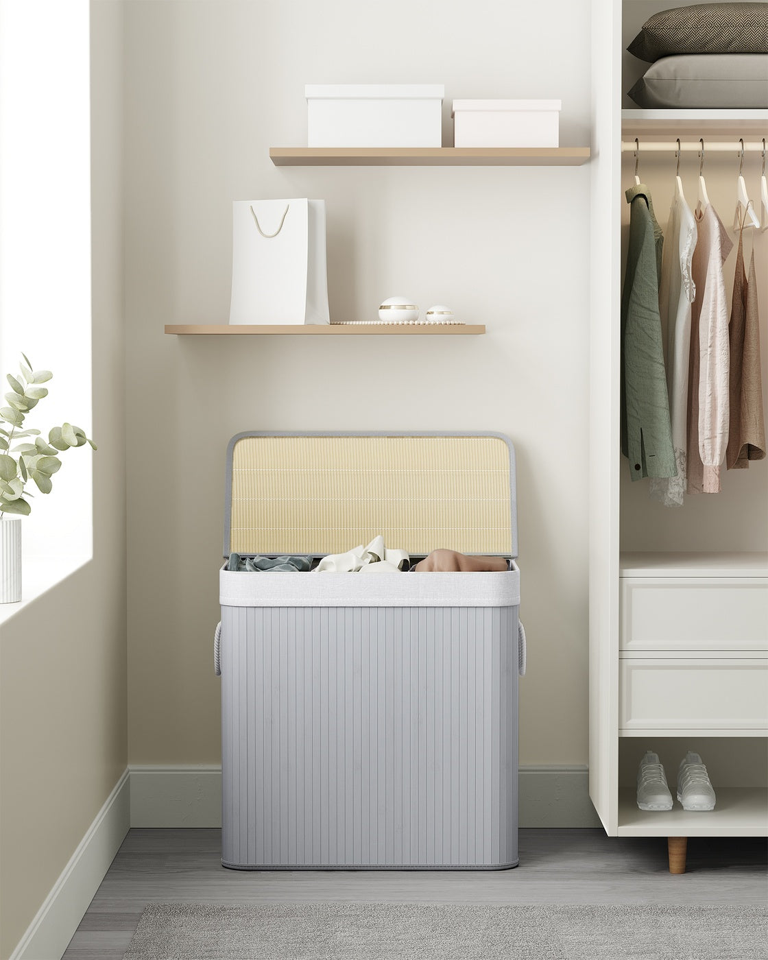 3-Section Laundry Hamper with Lid 39.6 Gallons (150L) - Gray