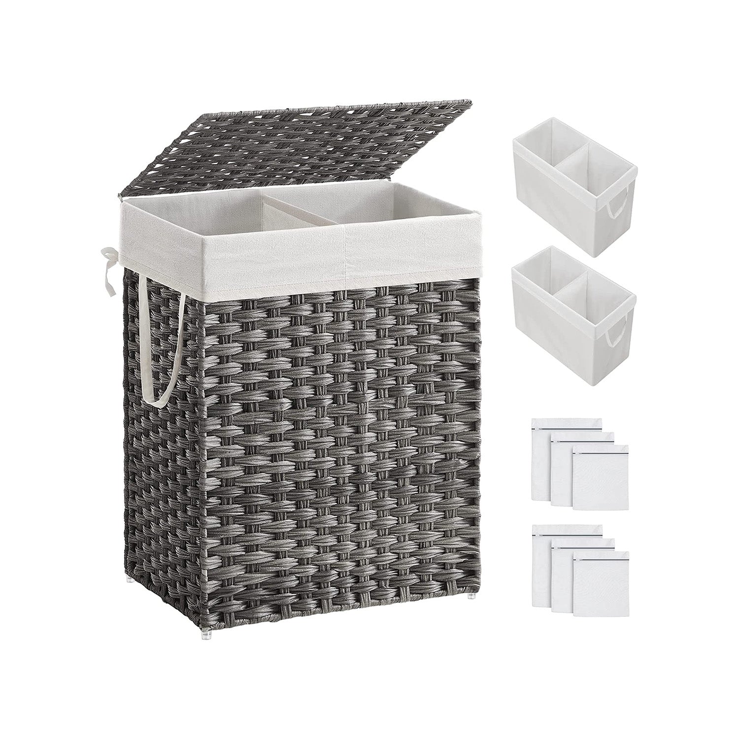 Laundry Hamper with Lid - 90L Clothes Hamper with 2 Removable Liner Bags - 6 Mesh Bags - Wicker Laundry Basket - Double Laundry Hamper for Bathroom - 13 x 18.1 x 23.6 Inches - Gray