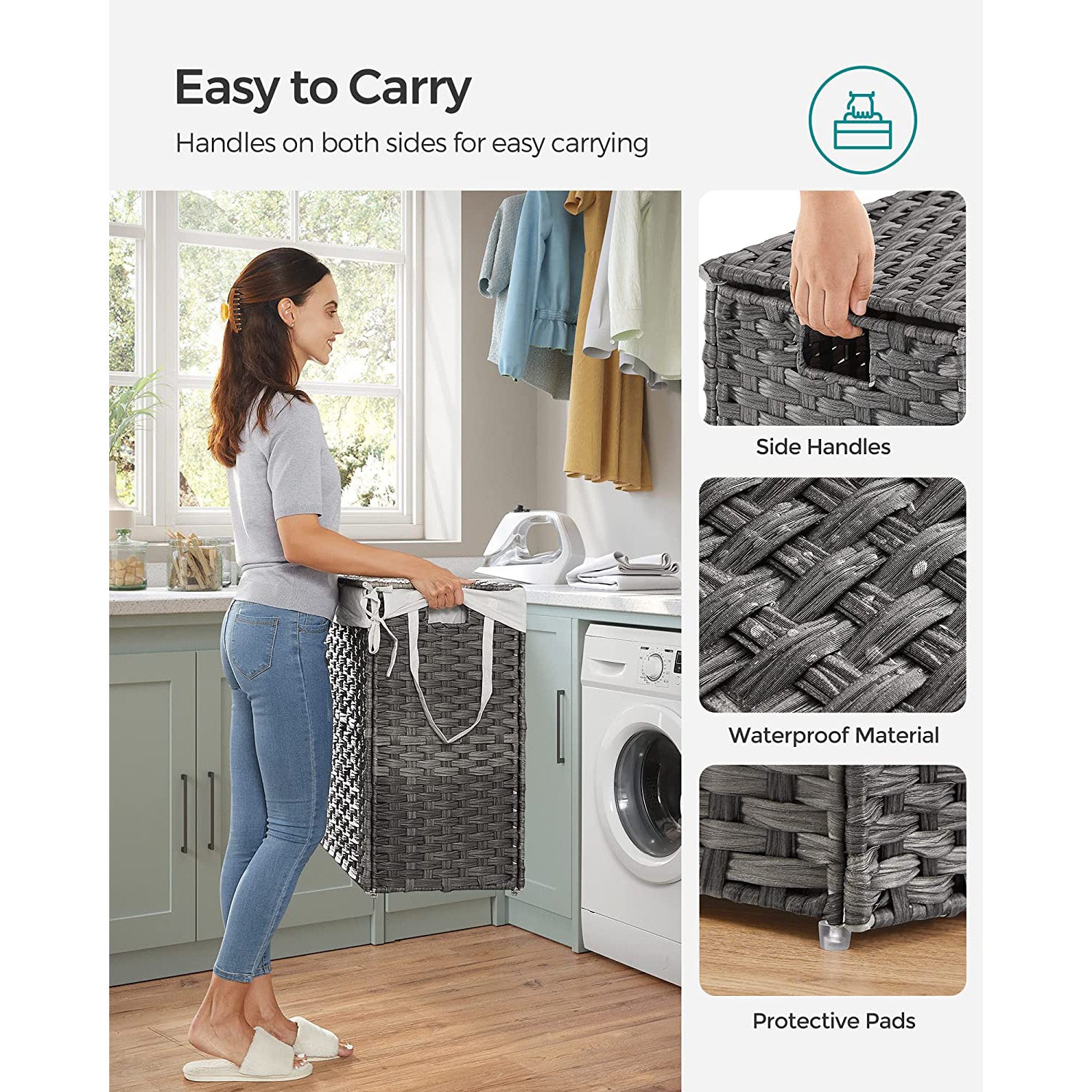 Laundry Hamper with Lid - 90L Clothes Hamper with 2 Removable Liner Bags - 6 Mesh Bags - Wicker Laundry Basket - Double Laundry Hamper for Bathroom - 13 x 18.1 x 23.6 Inches - Gray