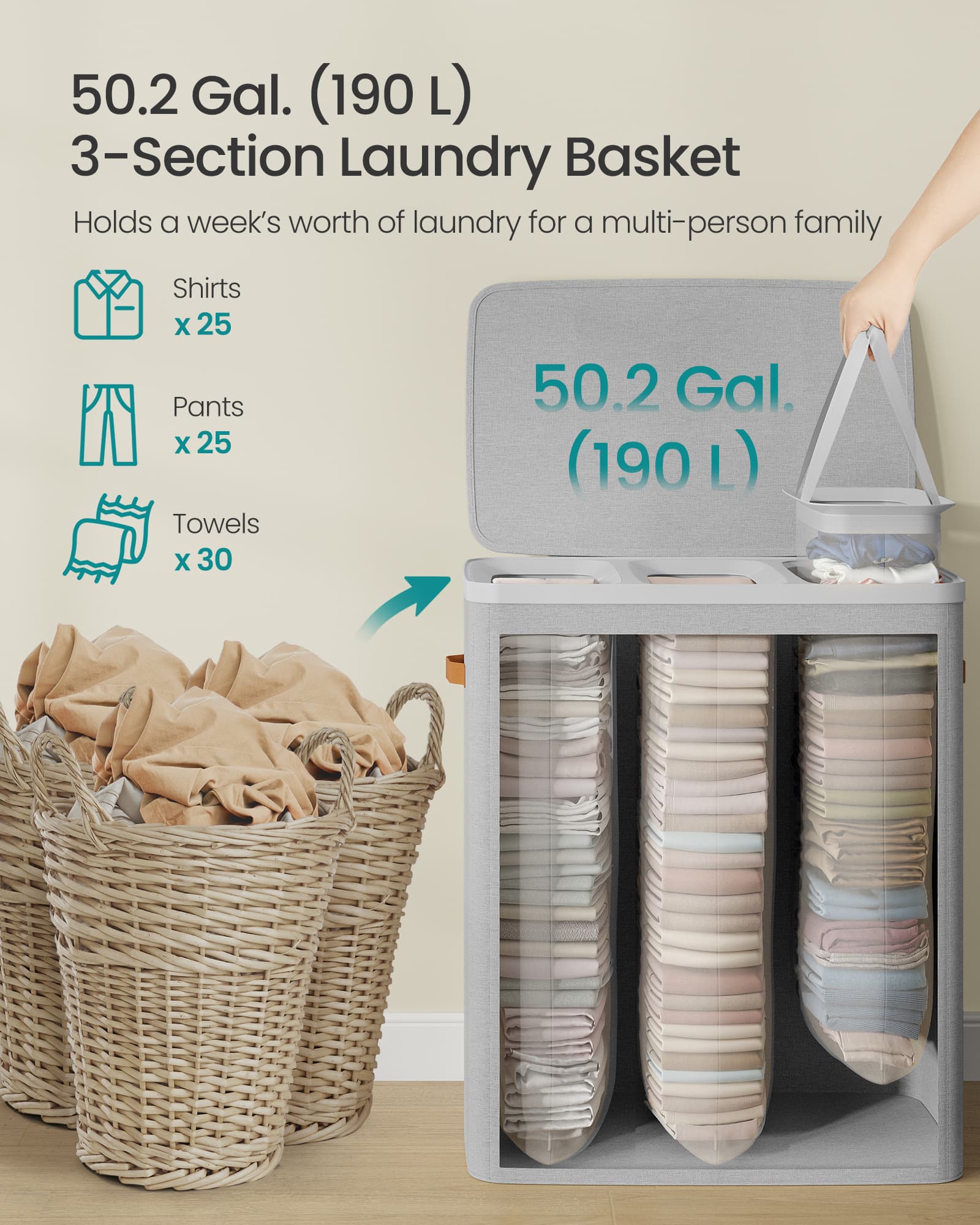 Laundry Hamper - 50 Gallon - Lid And Handles - Tall Soft Sided