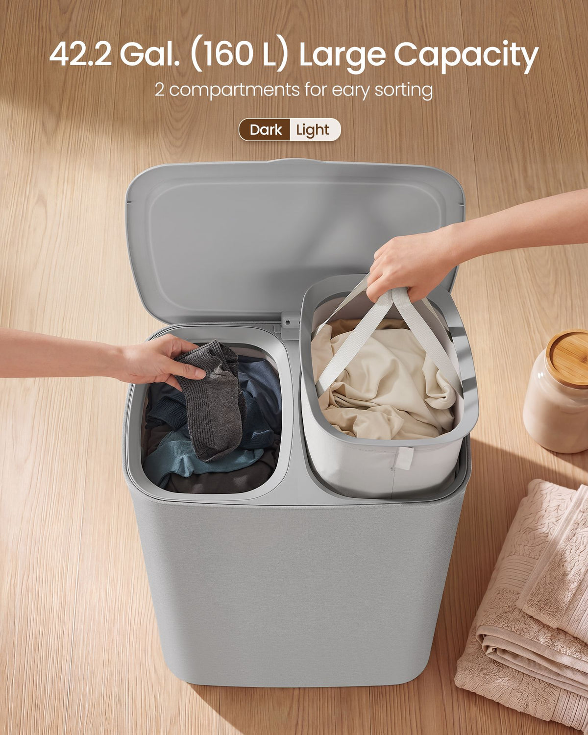 Laundry Basket with Lid - 42.2 Gallons - 2-Compartment - Removable Liner