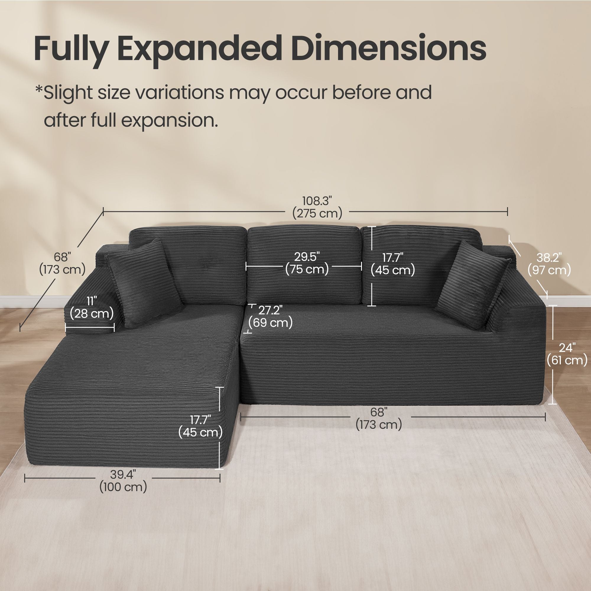 108.3 Inches Boneless Couch with Chaise - Modular Sectional Sofa - Dark Gray