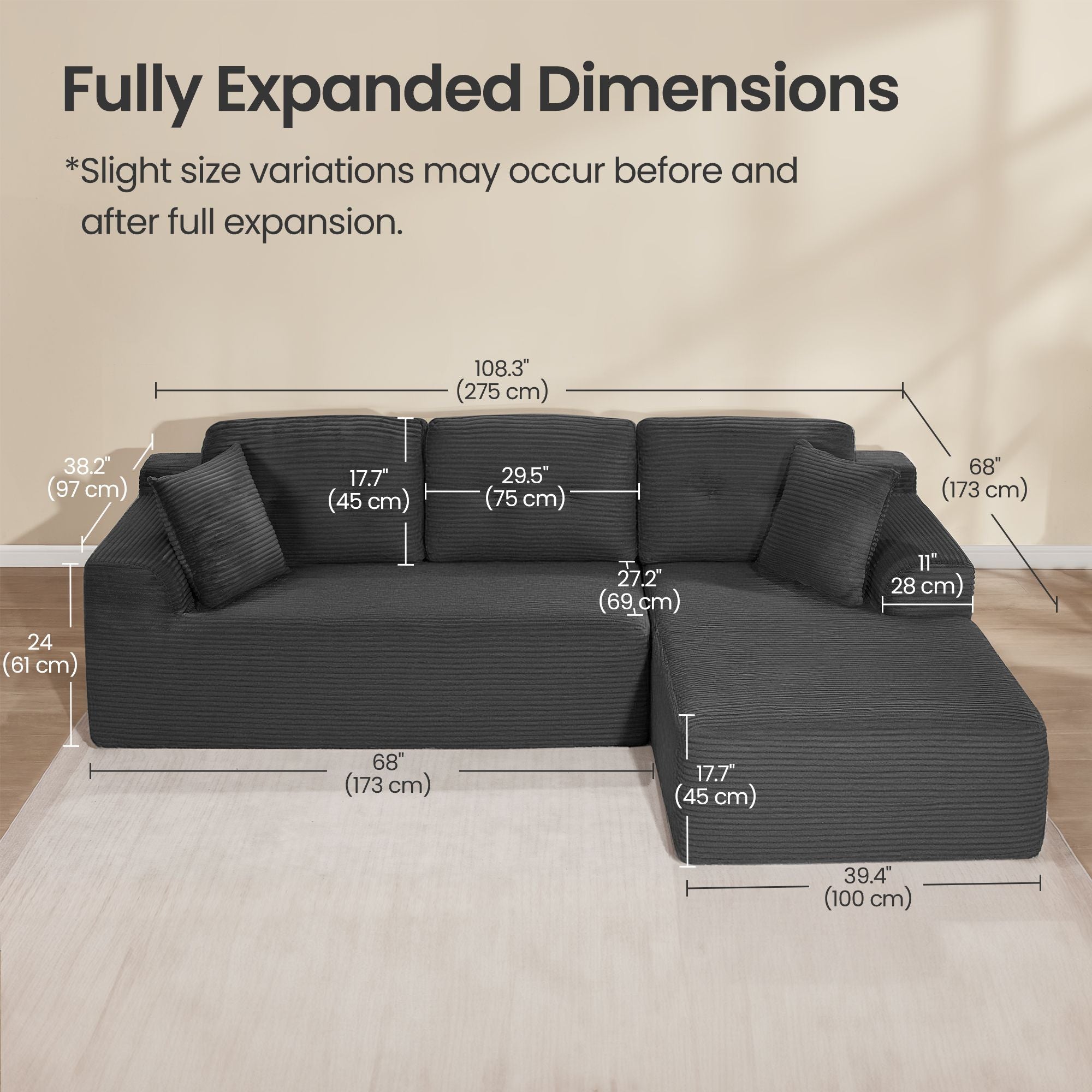 108.3 Inches Boneless Couch with Chaise - Modular Sectional Sofa - Dark Gray