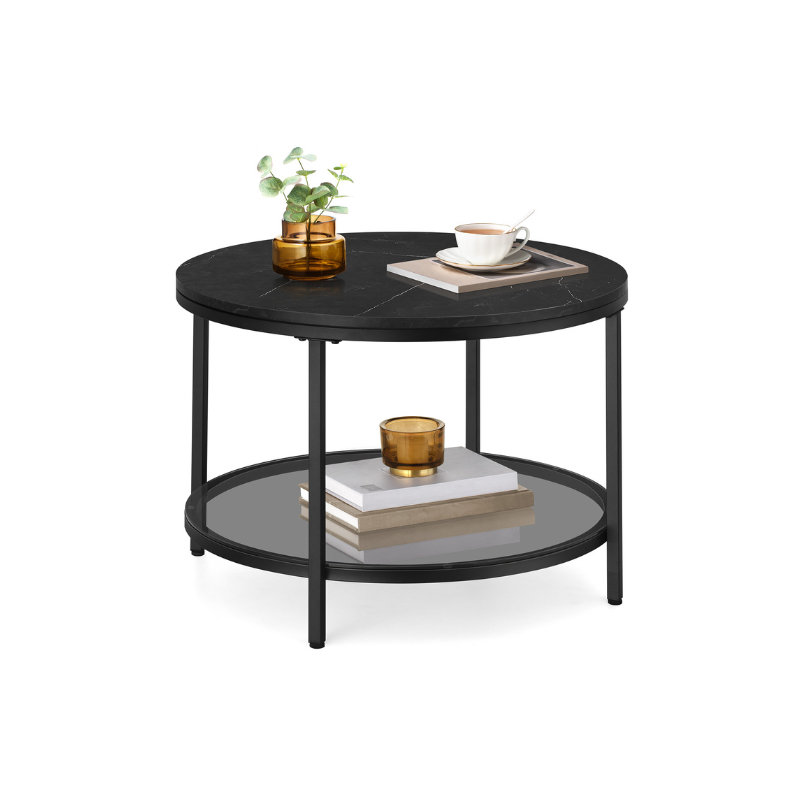 Round Coffee Table with Faux Marble Top and Glass Storage Shelf - Marble Black, Ink Black