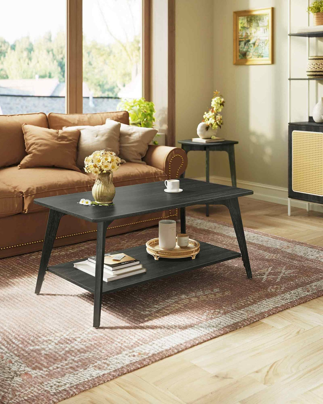Coffee Table - 2-Tier Living Room Table with Storage - Center Table with Rounded Corners - Charcoal Gray
