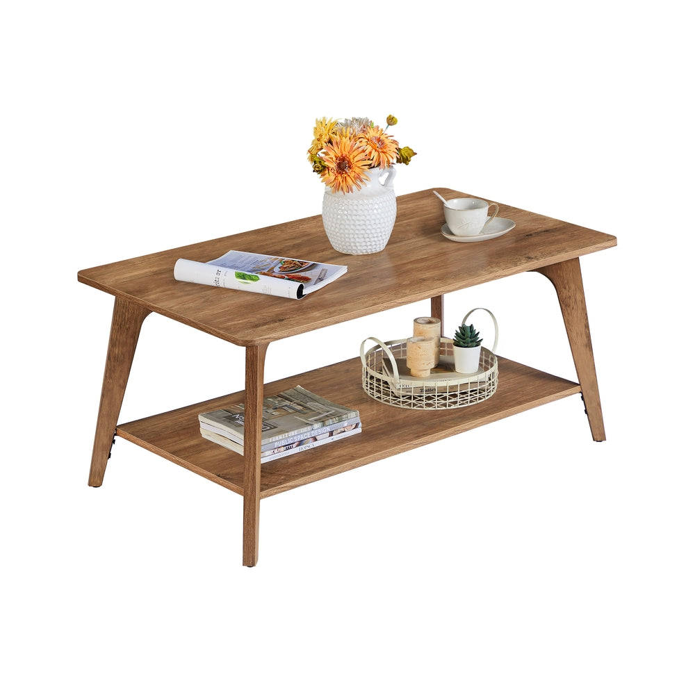 Coffee Table - 2-Tier Living Room Table with Storage - Center Table with Rounded Corners - Hoeny Brown
