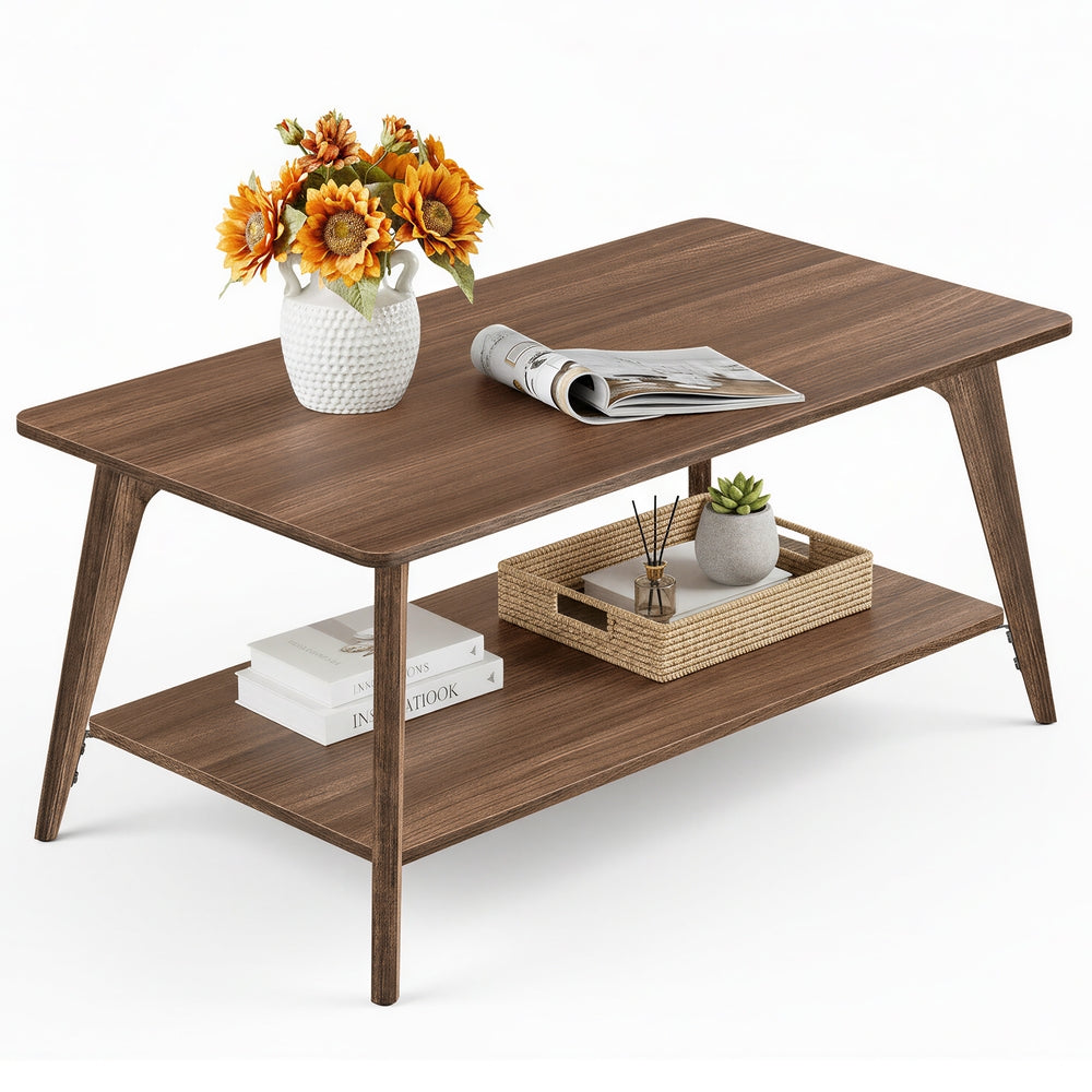 Coffee Table - 2-Tier Living Room Table with Storage - Center Table with Rounded Corners - Honey Brown