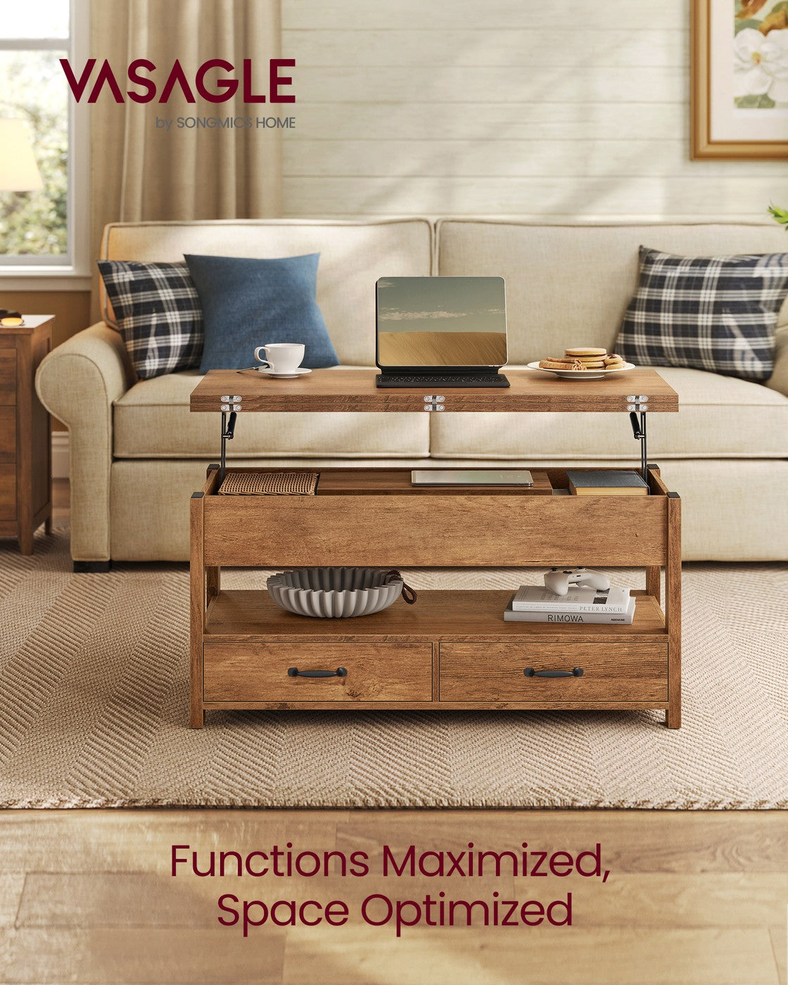 Lift Top Coffee Table - Center Table with Storage - Honey Brown