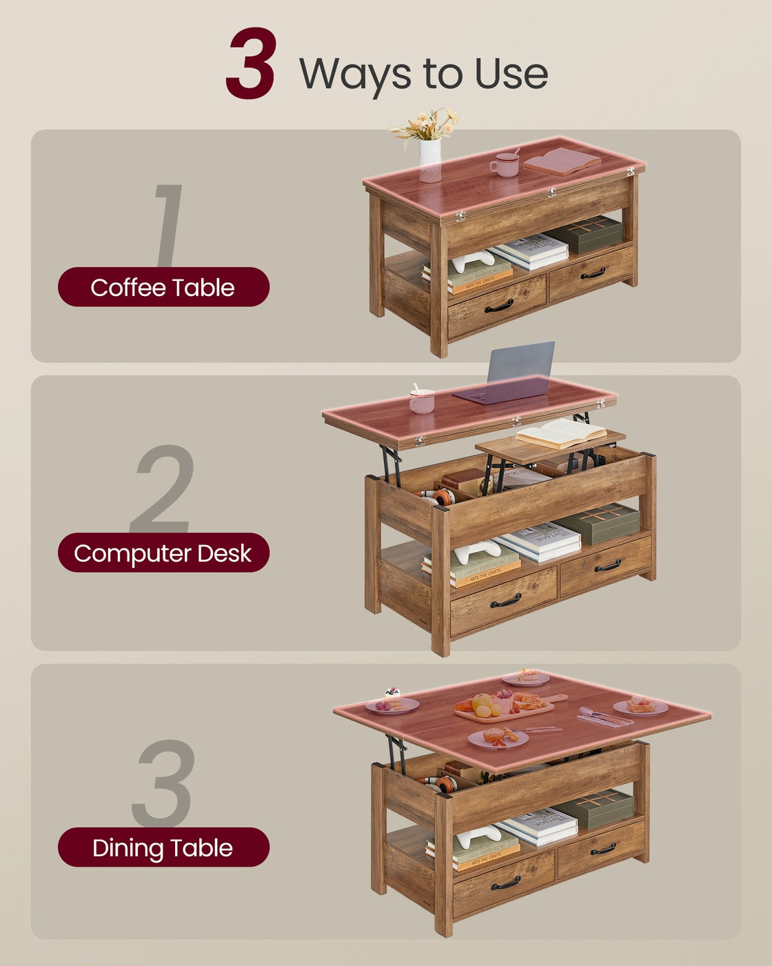 Lift Top Coffee Table - Center Table with Storage - Honey Brown