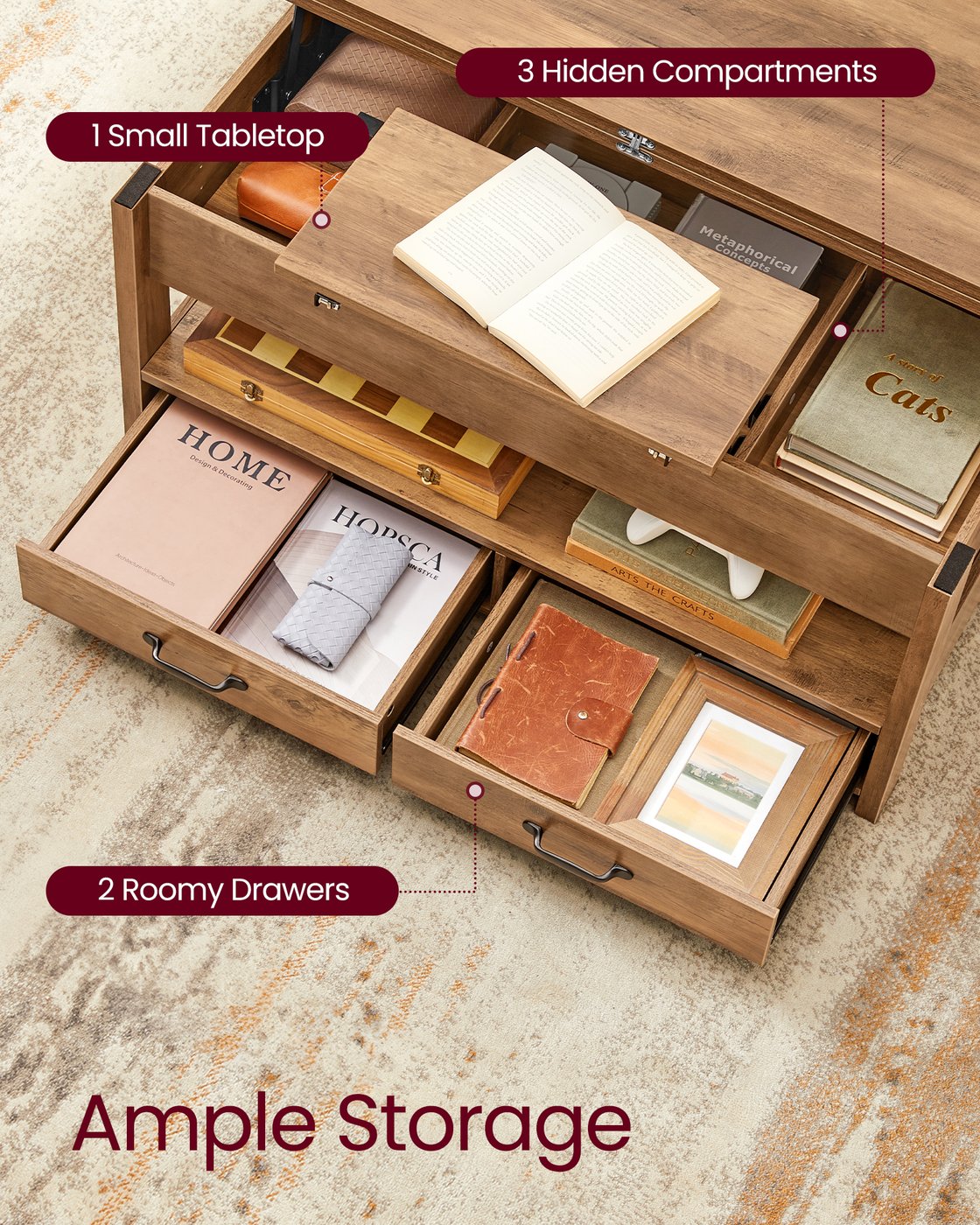 Lift Top Coffee Table - Center Table with Storage - Honey Brown