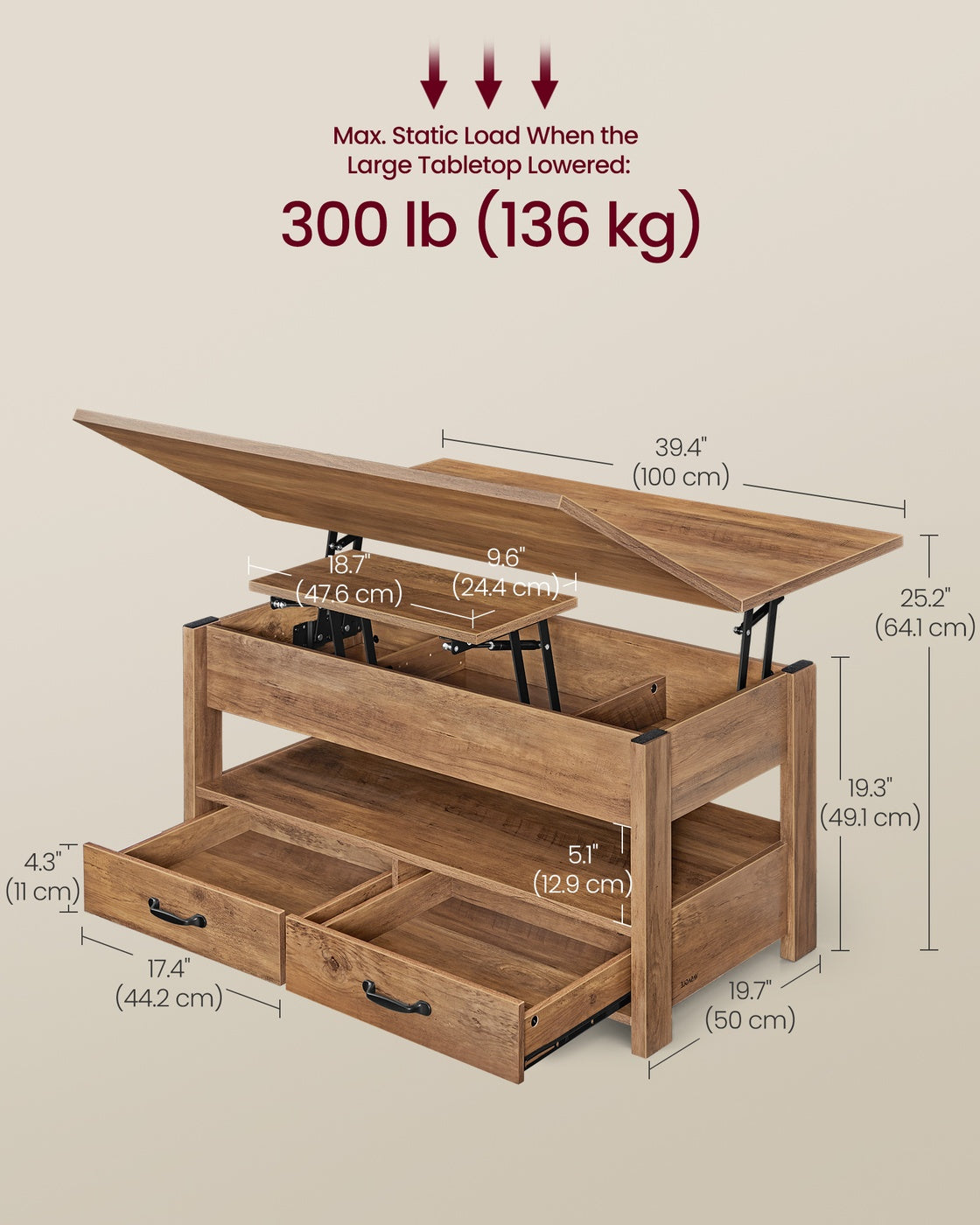 Lift Top Coffee Table - Center Table with Storage - Honey Brown