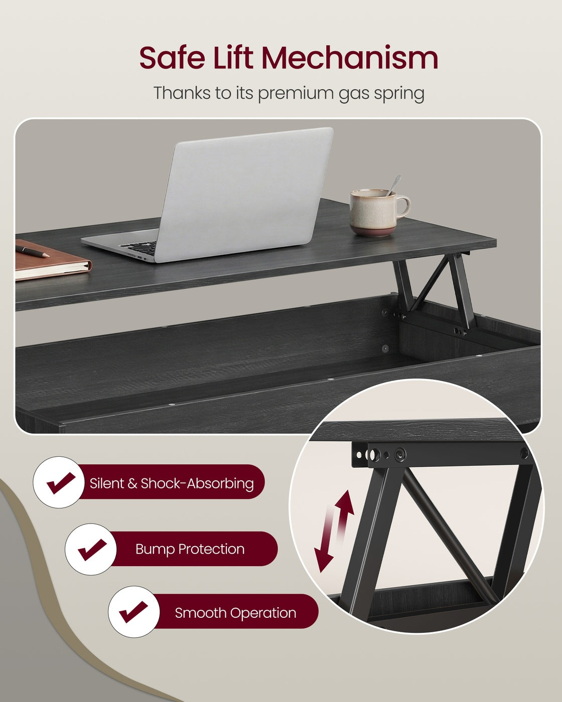Lift Top Coffee Table with Hidden Storage for Living Room - Charcoal Gray