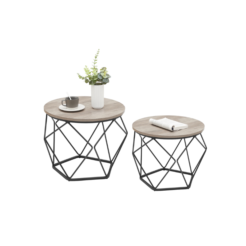 Round Coffee Table with Steel Frame Set of 2 - Greige, Black