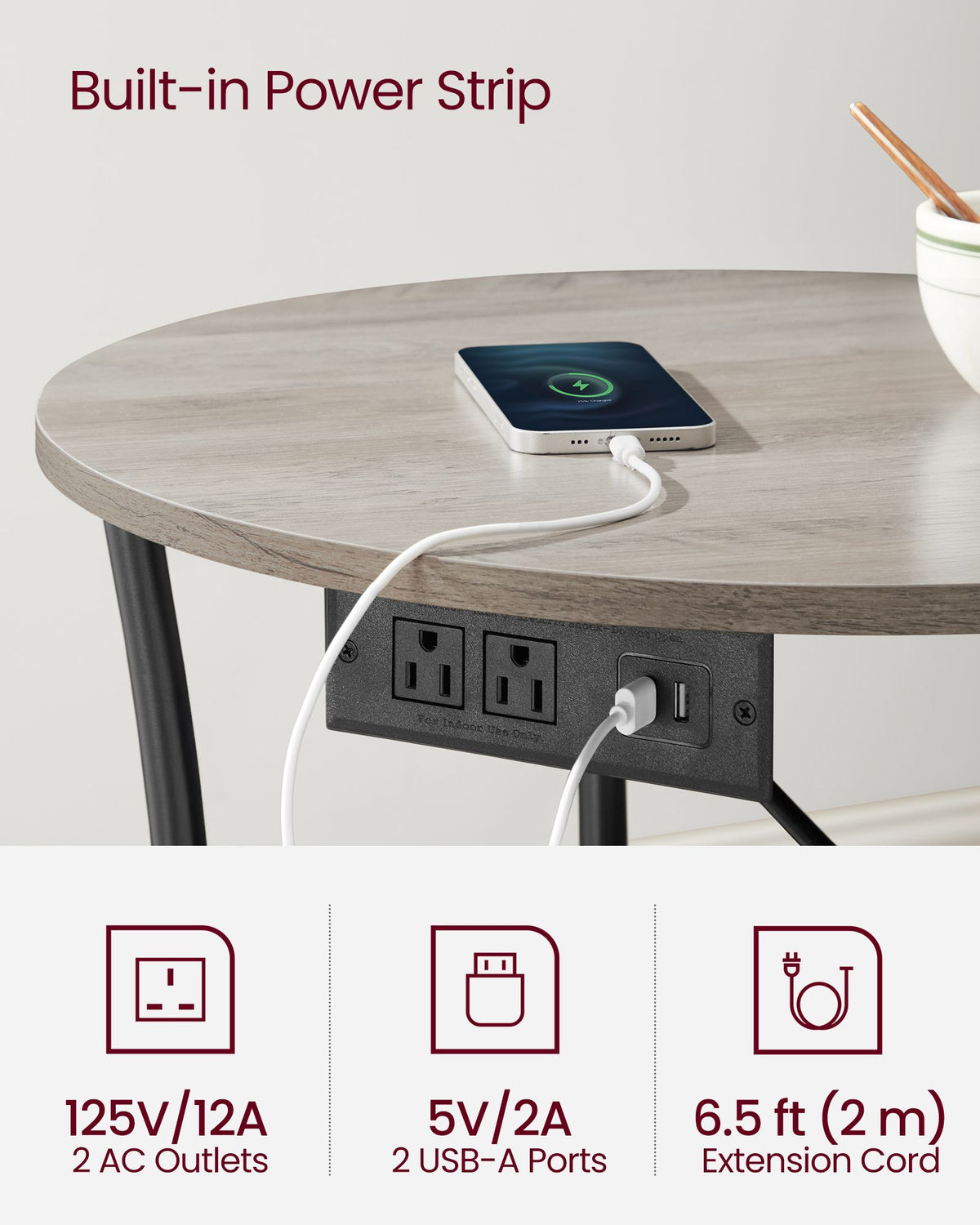 Side Table - 2-Tier Round End Table with Power Outlets
