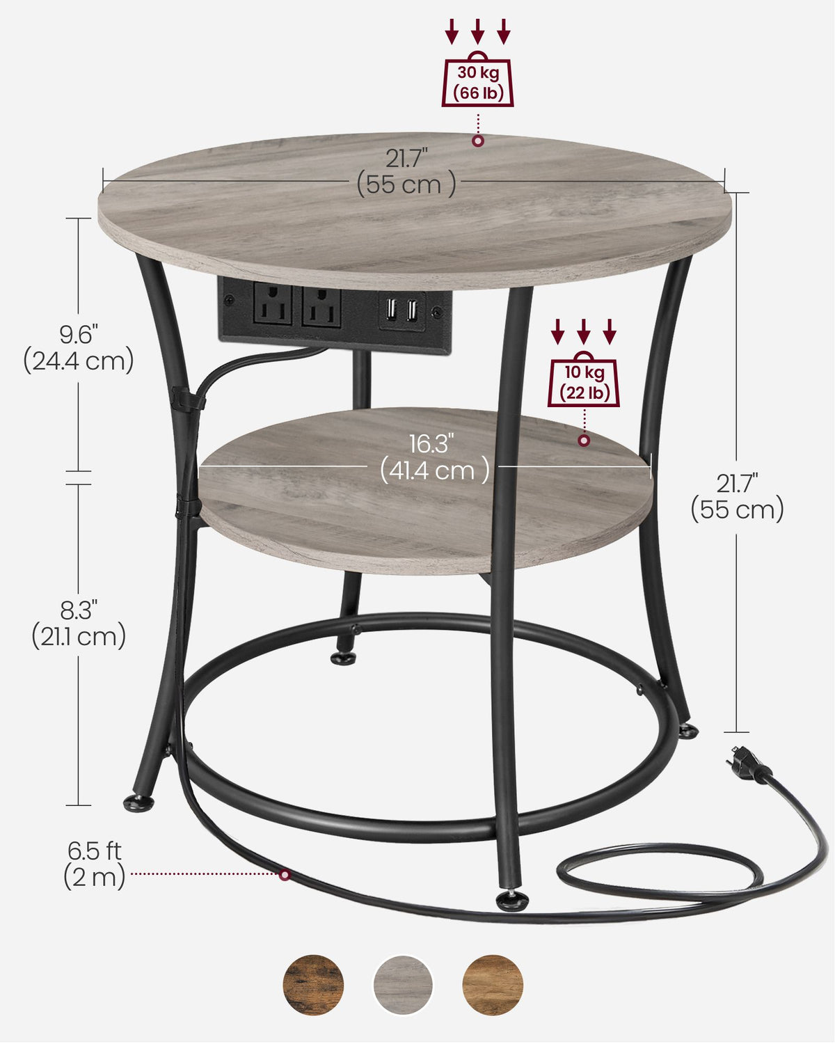 Side Table - 2-Tier Round End Table with Power Outlets
