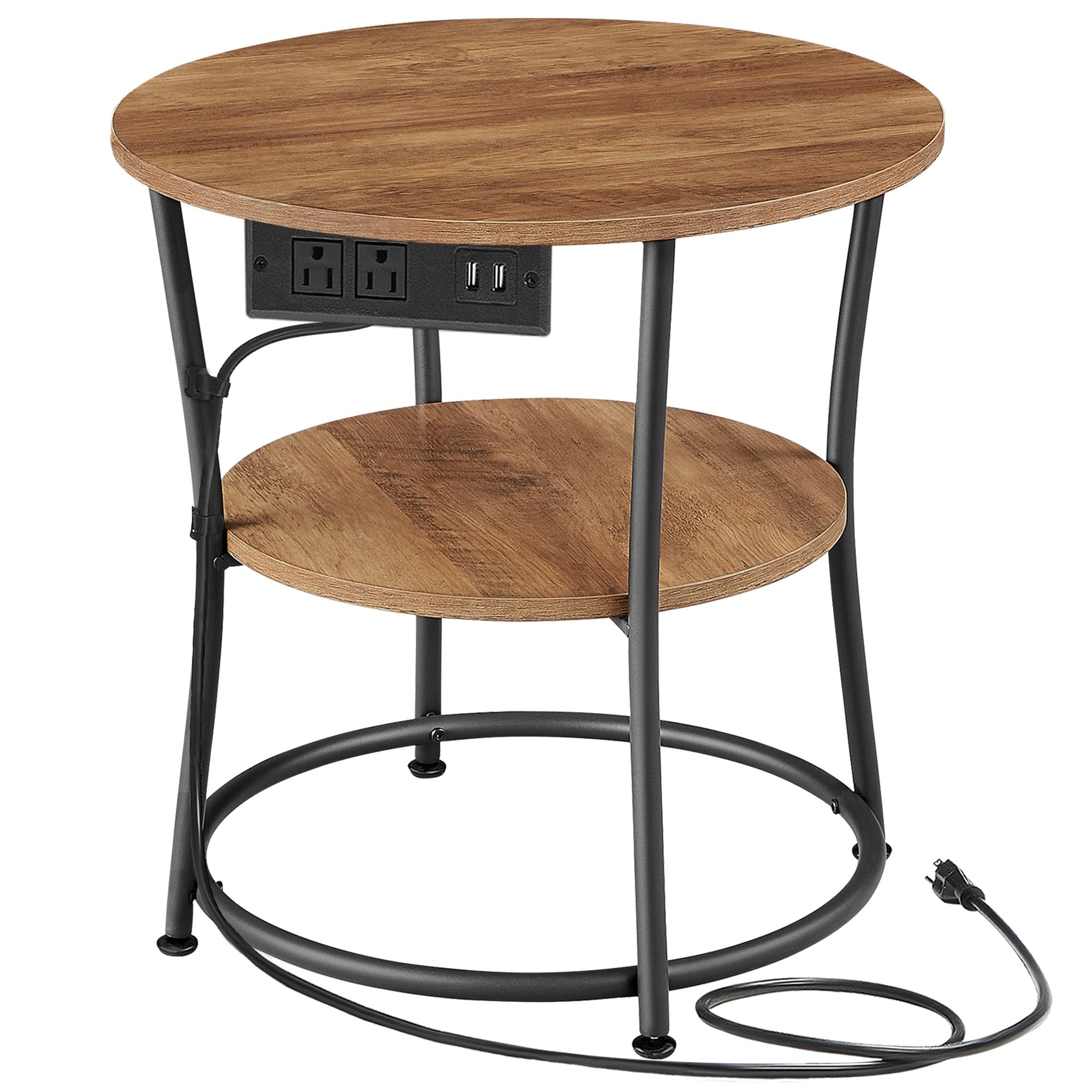 Side Table - 2-Tier Round End Table with Power Outlets - Hazelnut Brown