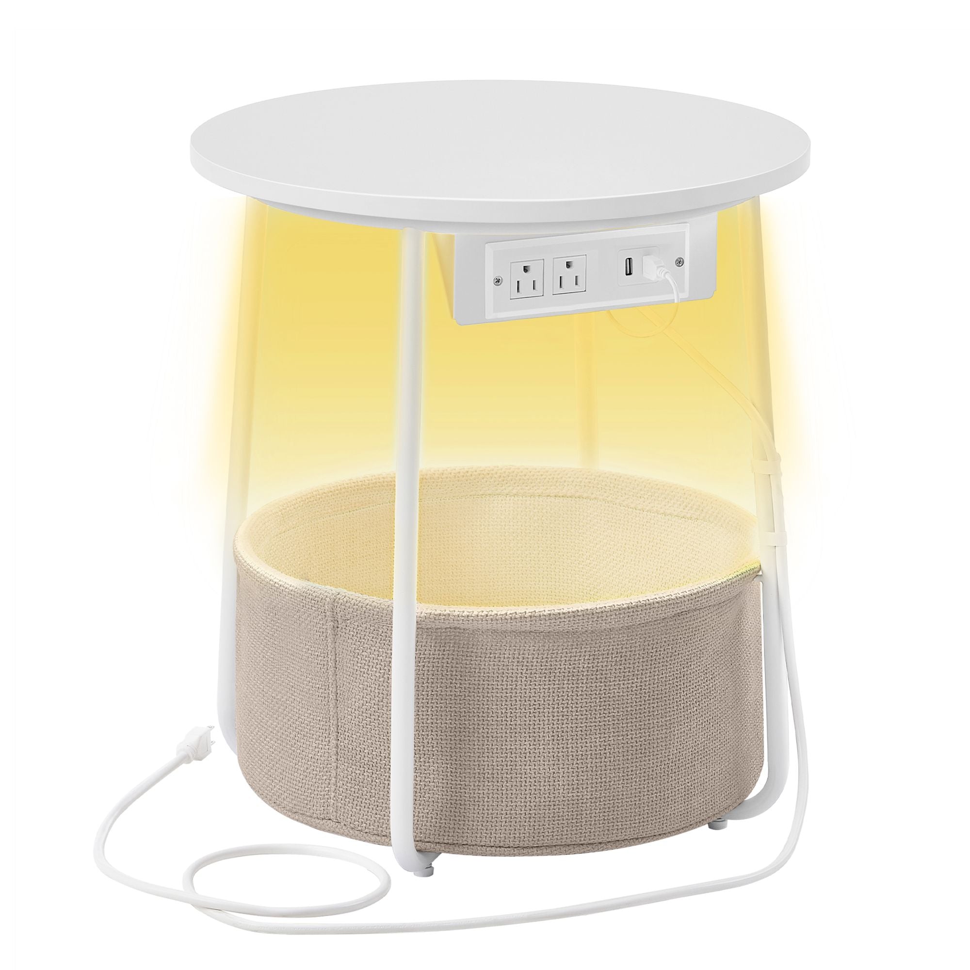 LED Round Side End Table - White+Brown