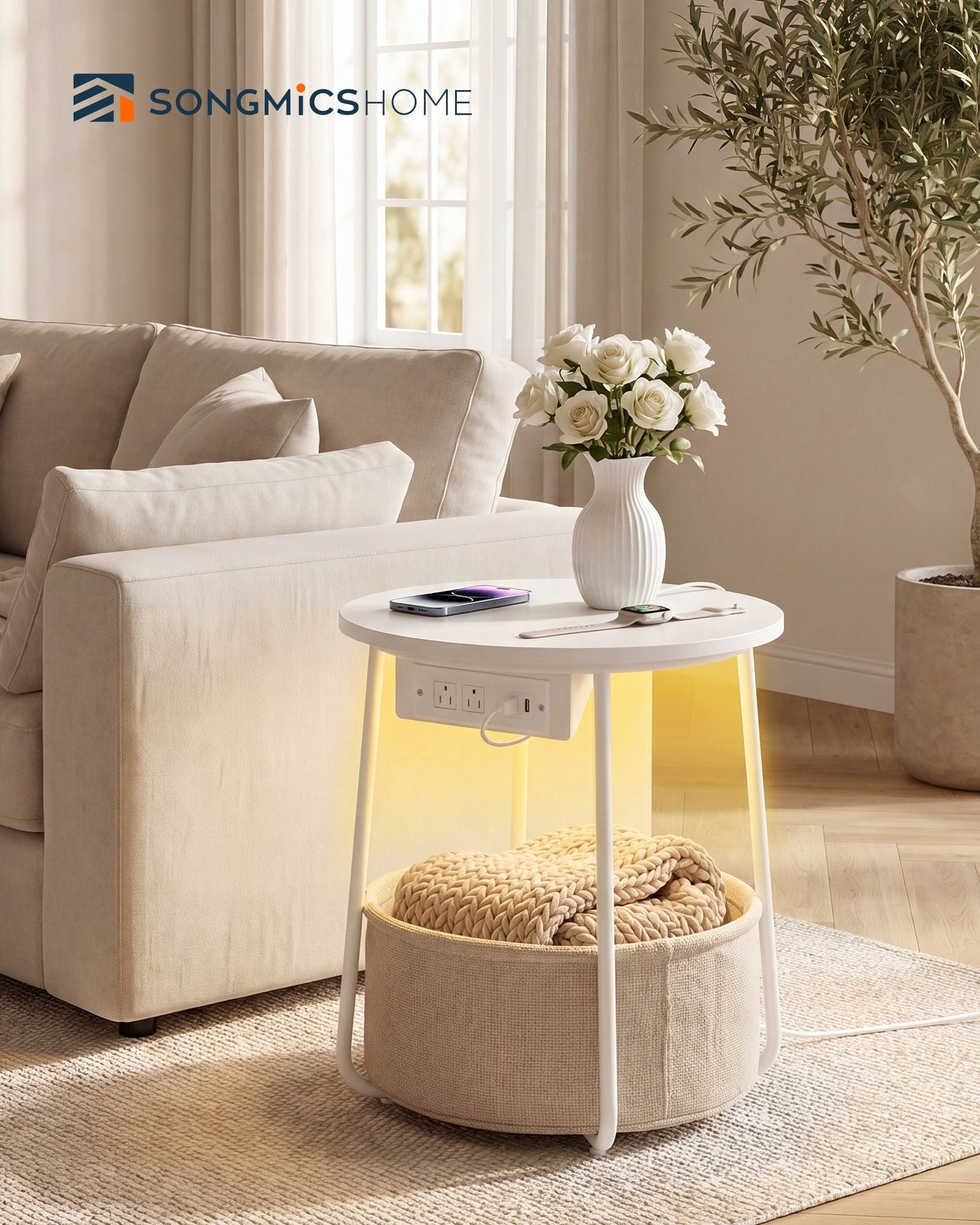 LED Round Side End Table - Green+Brown