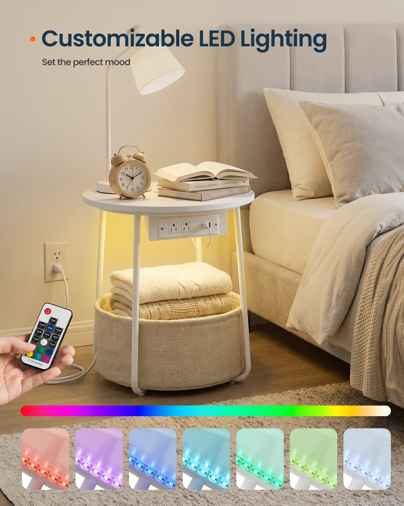LED Round Side End Table - Green+Brown