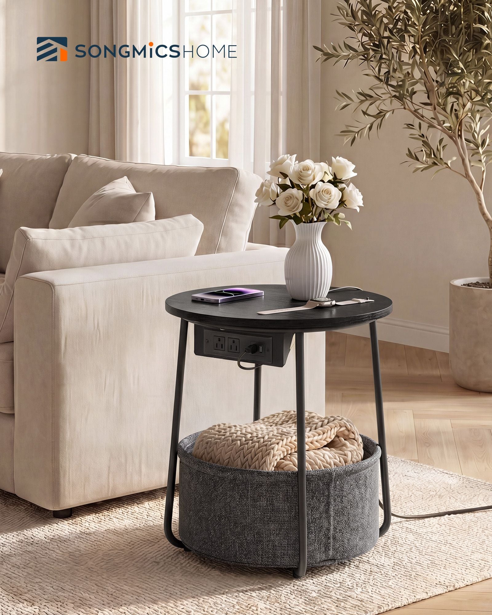 Round Side End Table - Black+Gray