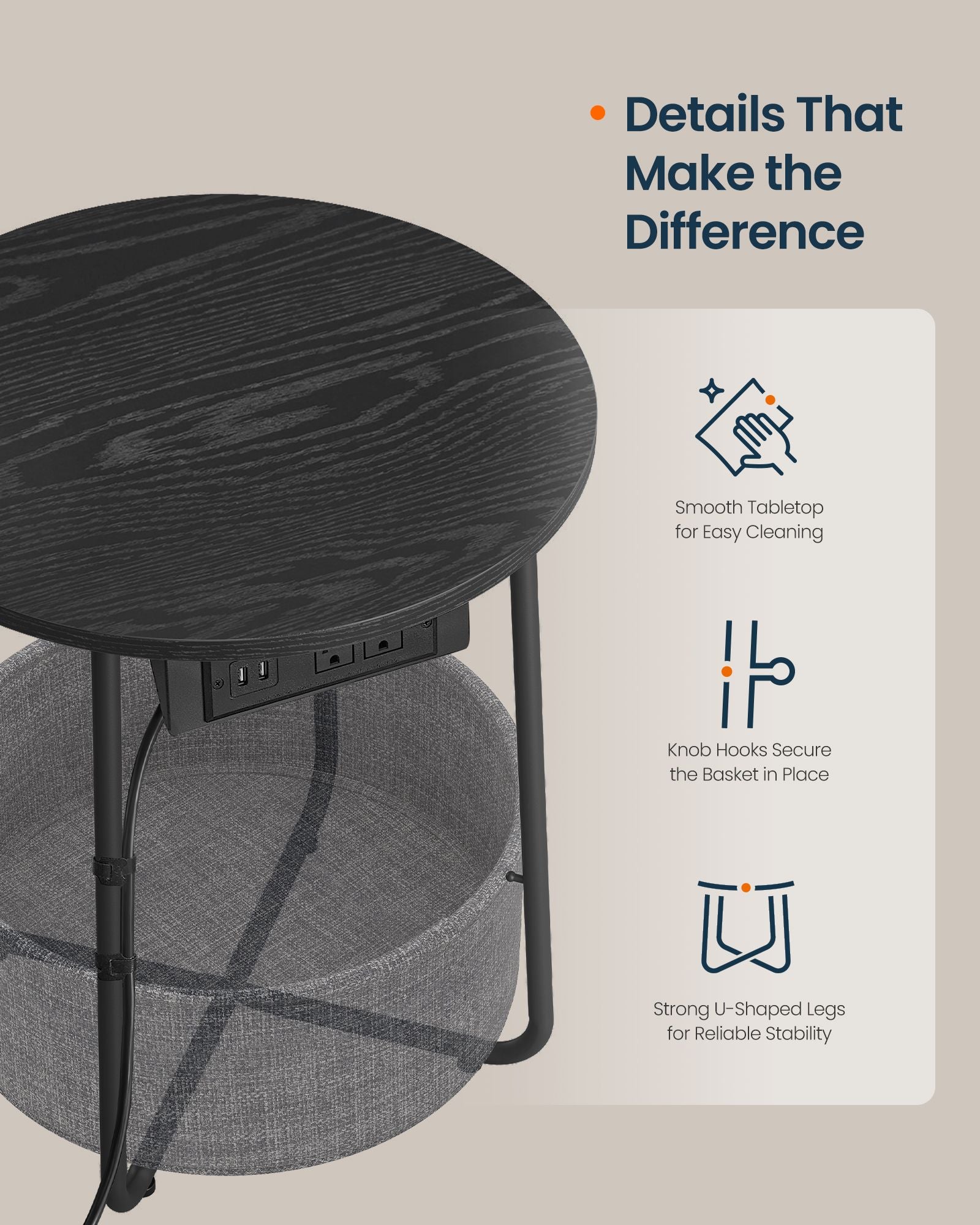 Round Side End Table - Black+Gray