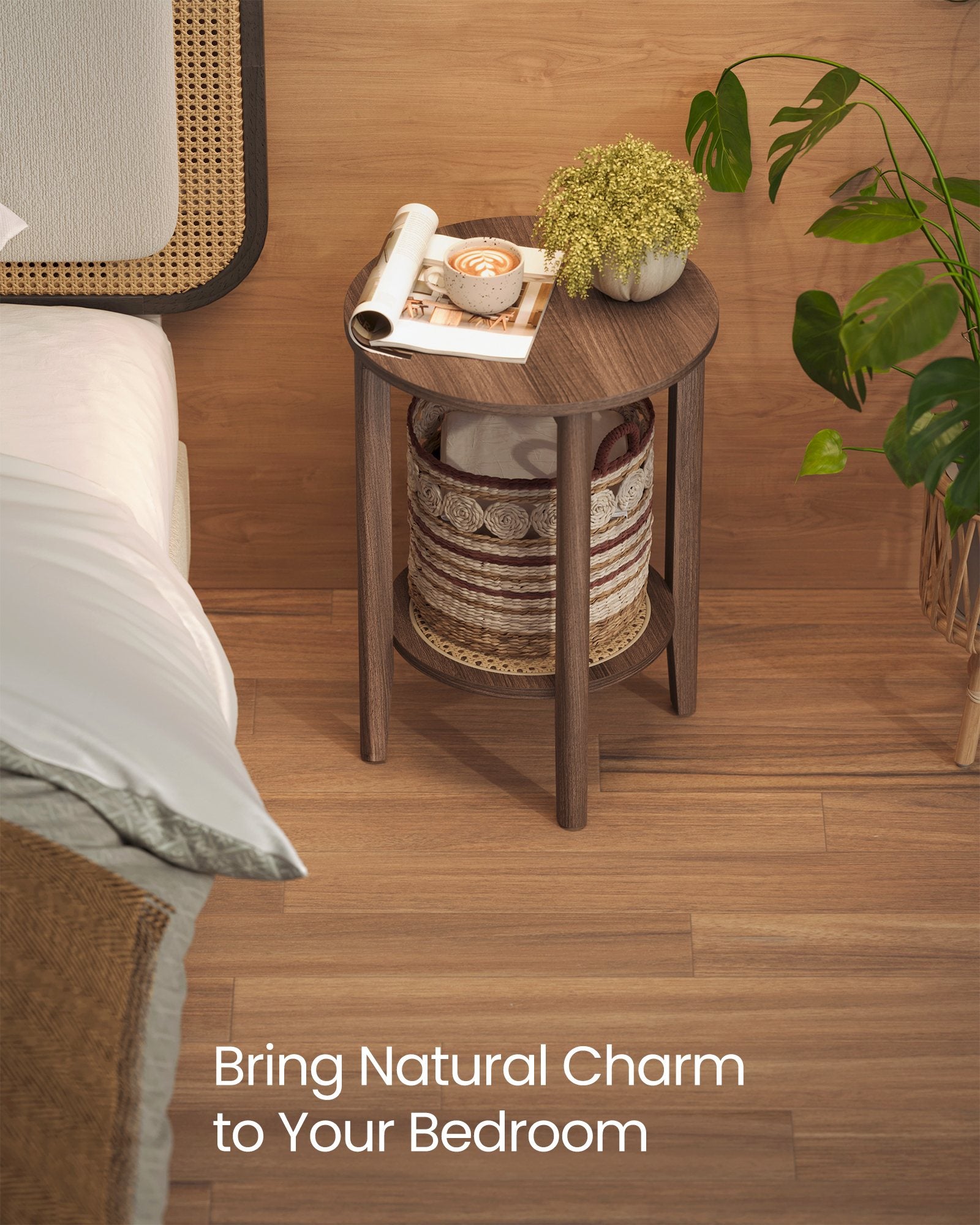 Round Side End Table - 2-Tier Boho Bedside Table with Rattan-Look Storage Shelf