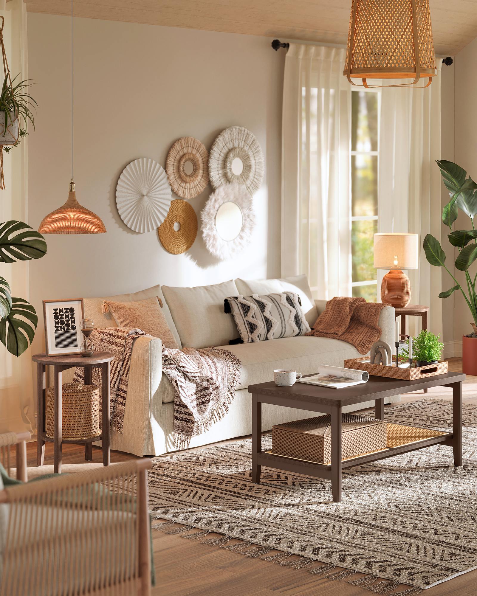 Round Side End Table - 2-Tier Boho Bedside Table with Rattan-Look Storage Shelf