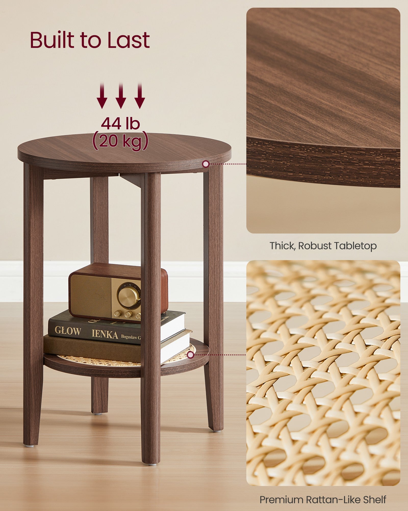 Round Side End Table - 2-Tier Boho Bedside Table with Rattan-Look Storage Shelf