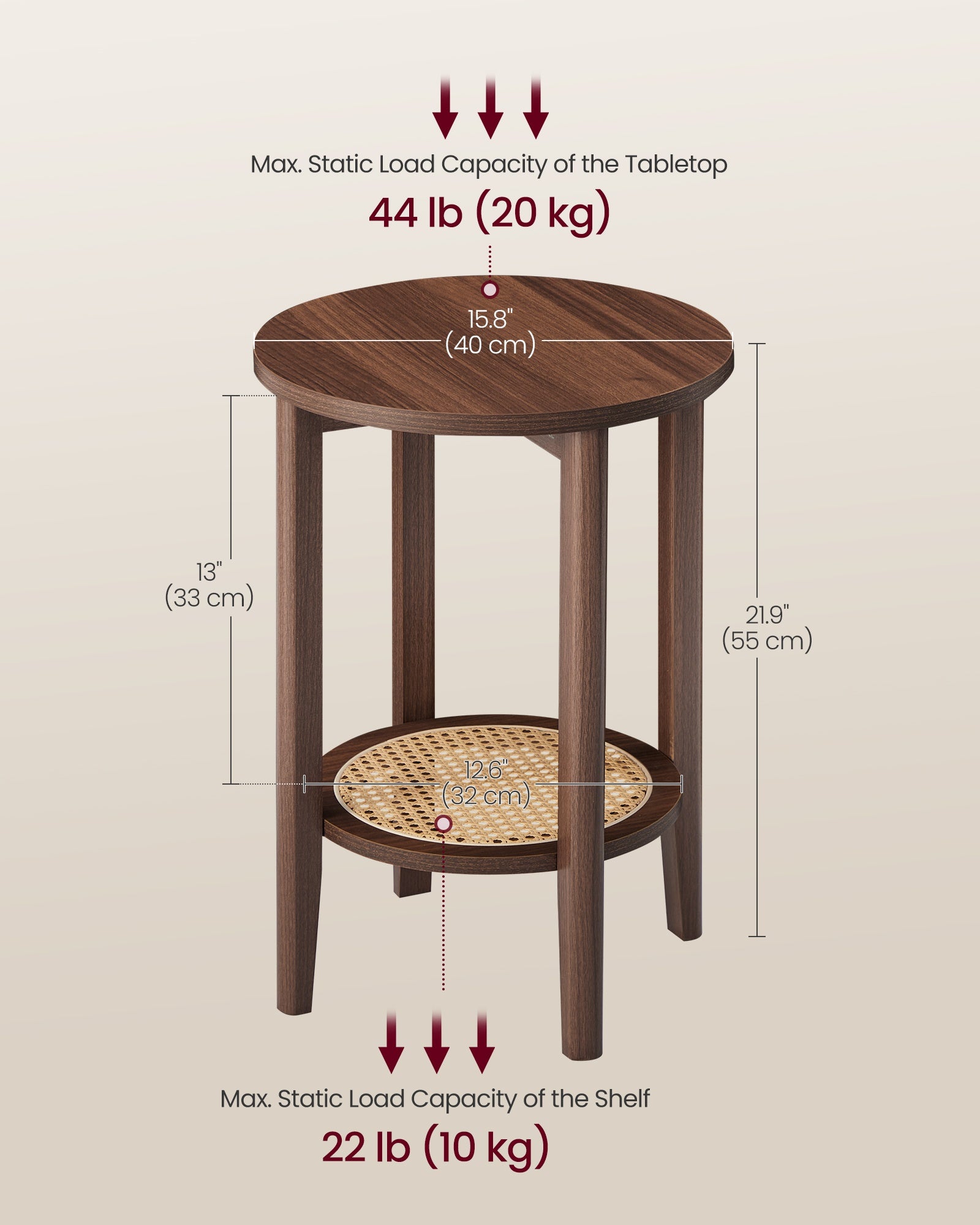 Round Side End Table - 2-Tier Boho Bedside Table with Rattan-Look Storage Shelf
