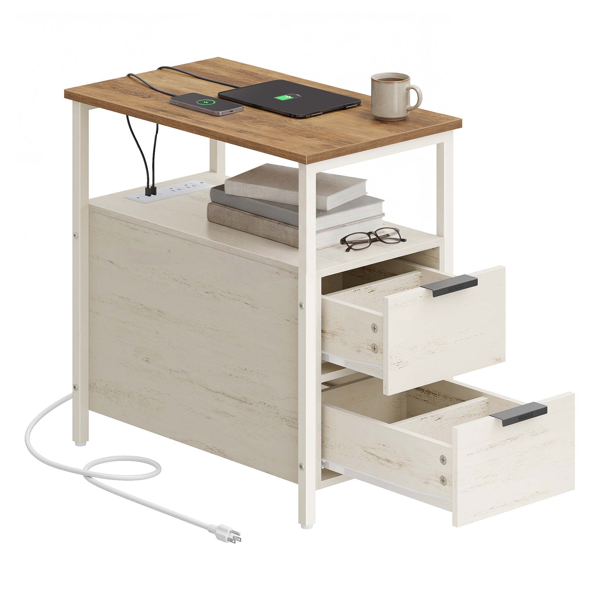 Narrow End Table with Charging Station and 2 Drawers - Honey Brown, Rustic White
