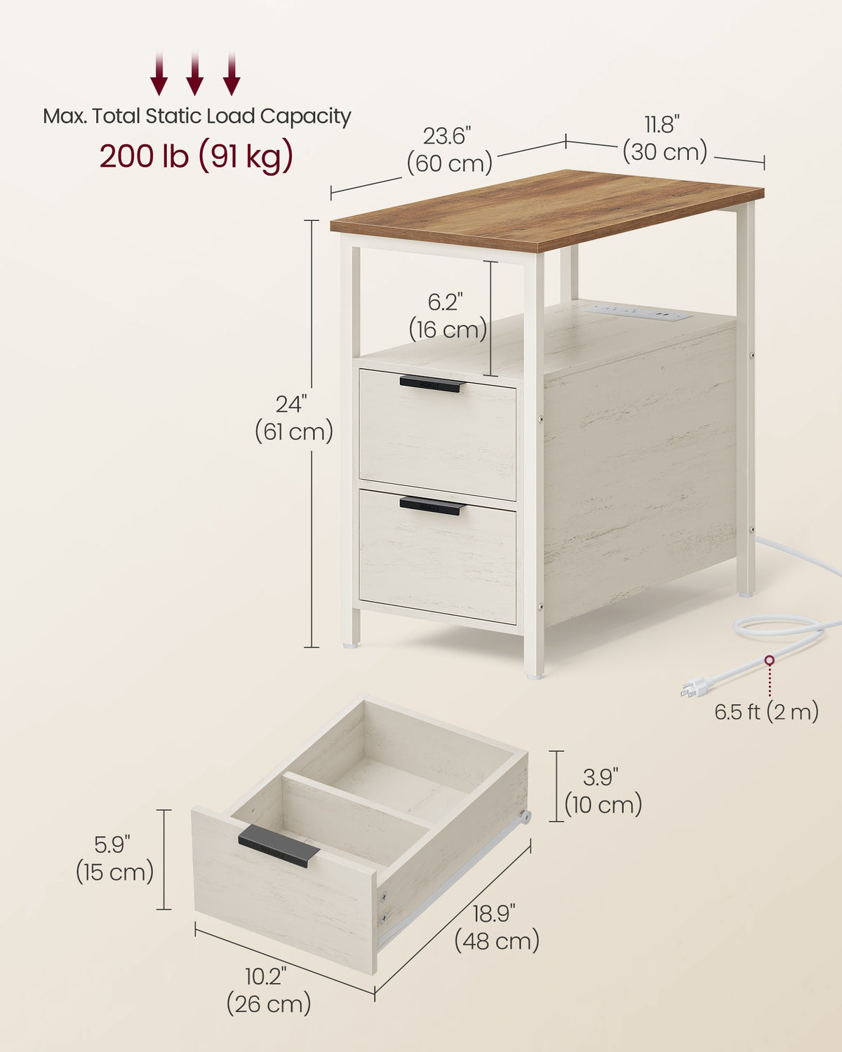 Narrow End Table - Charging Station - 2 Drawers