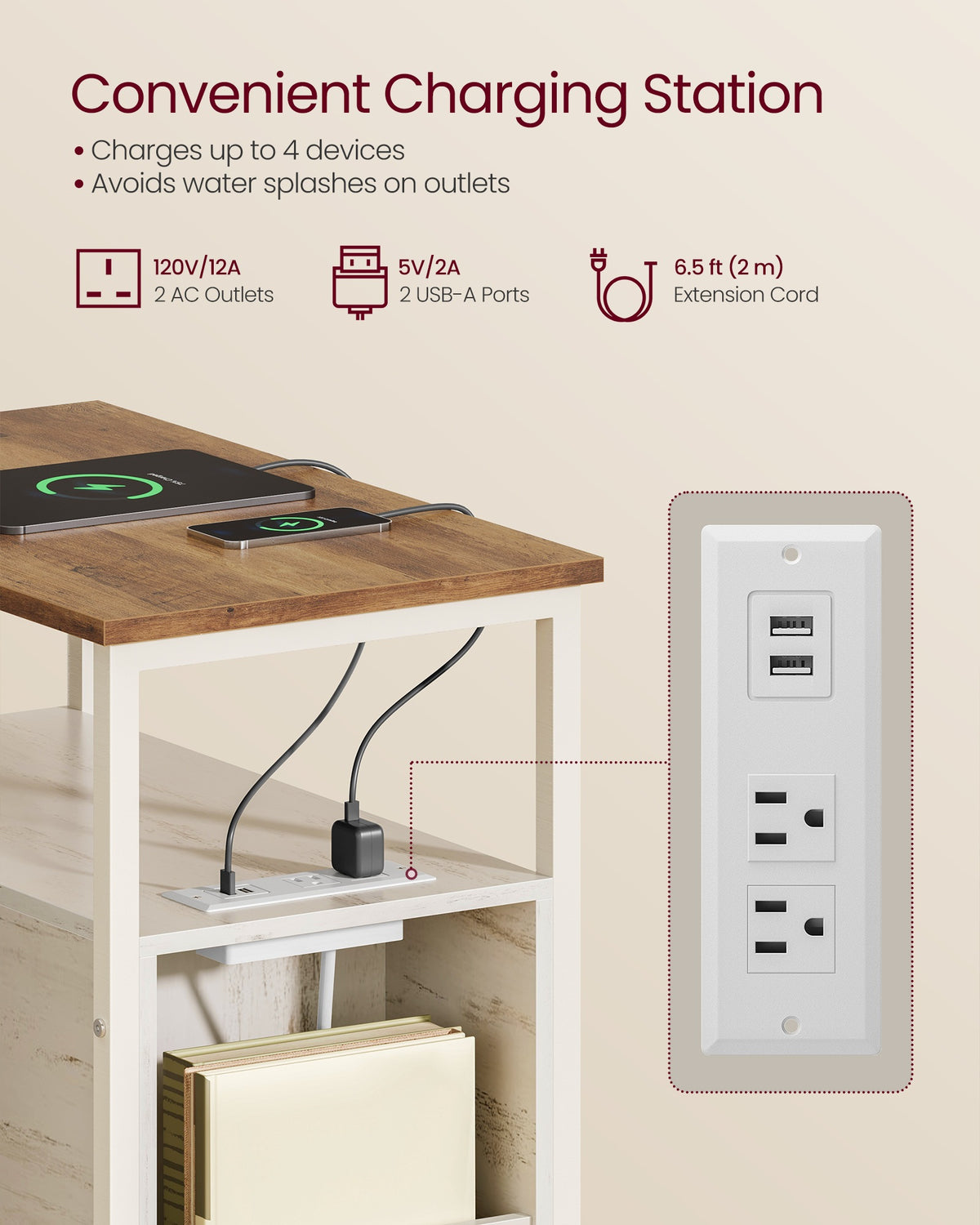 Narrow End Table - Charging Station - 2 Drawers