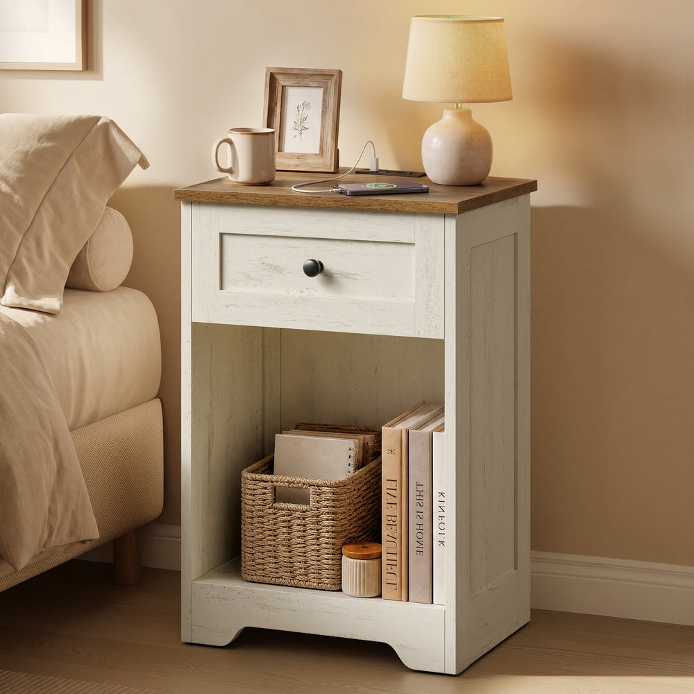 Farmhouse Nightstand with Charging Station and Drawer - Cloud White