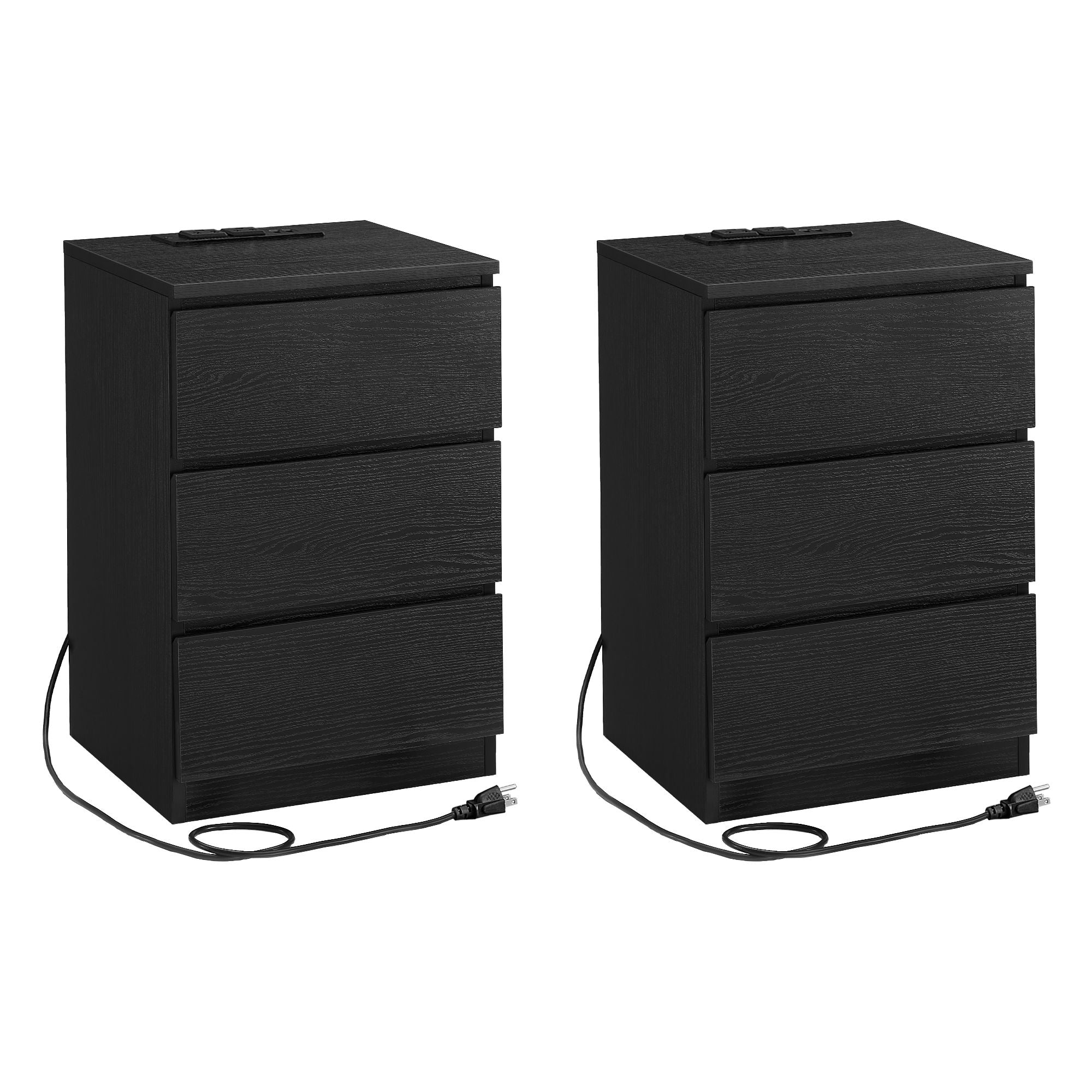 Nightstands with Charging Station - Set of 2 - Ebony Black - Black