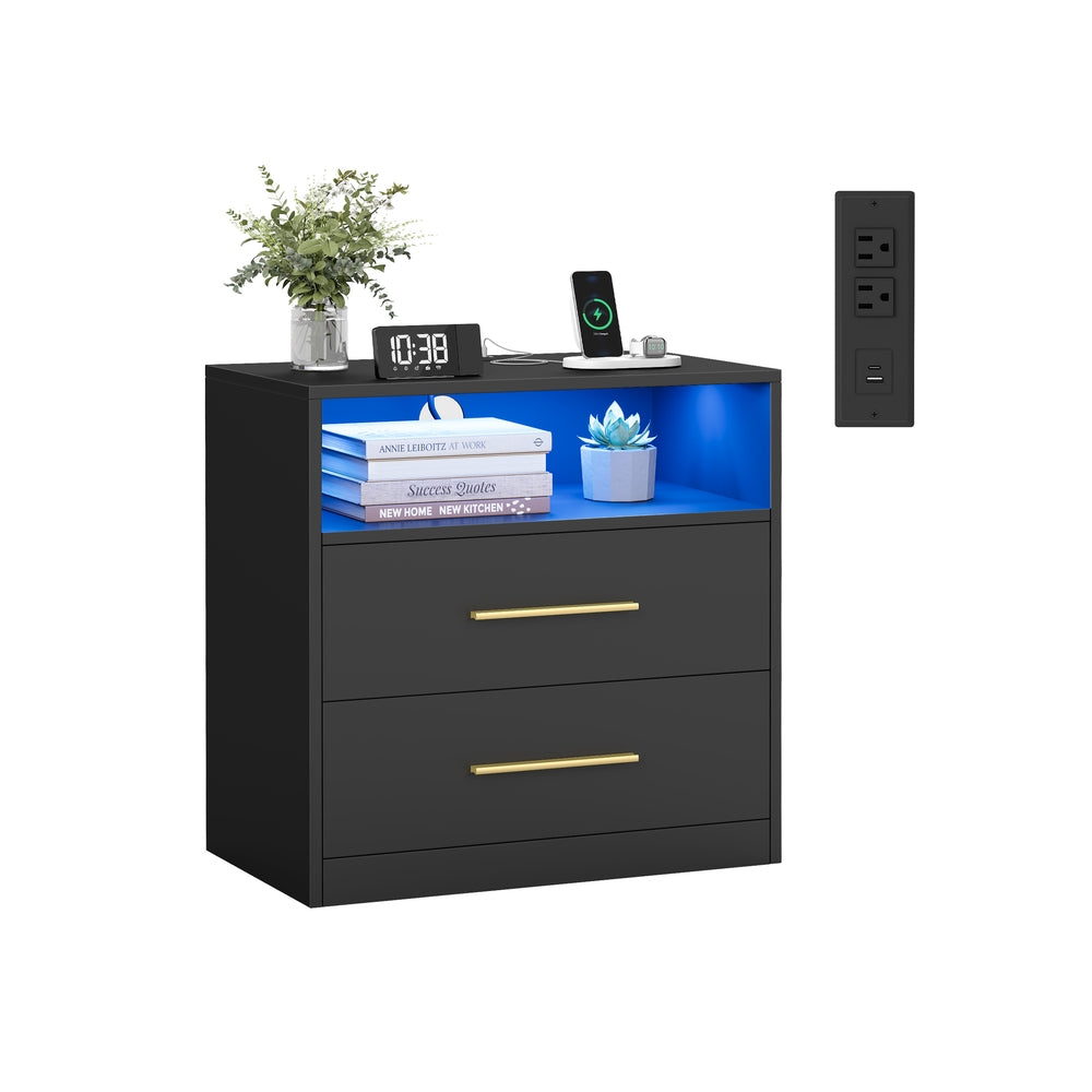 Smart Nightstand - Charging Station - LED Lights - With Drawers - Black