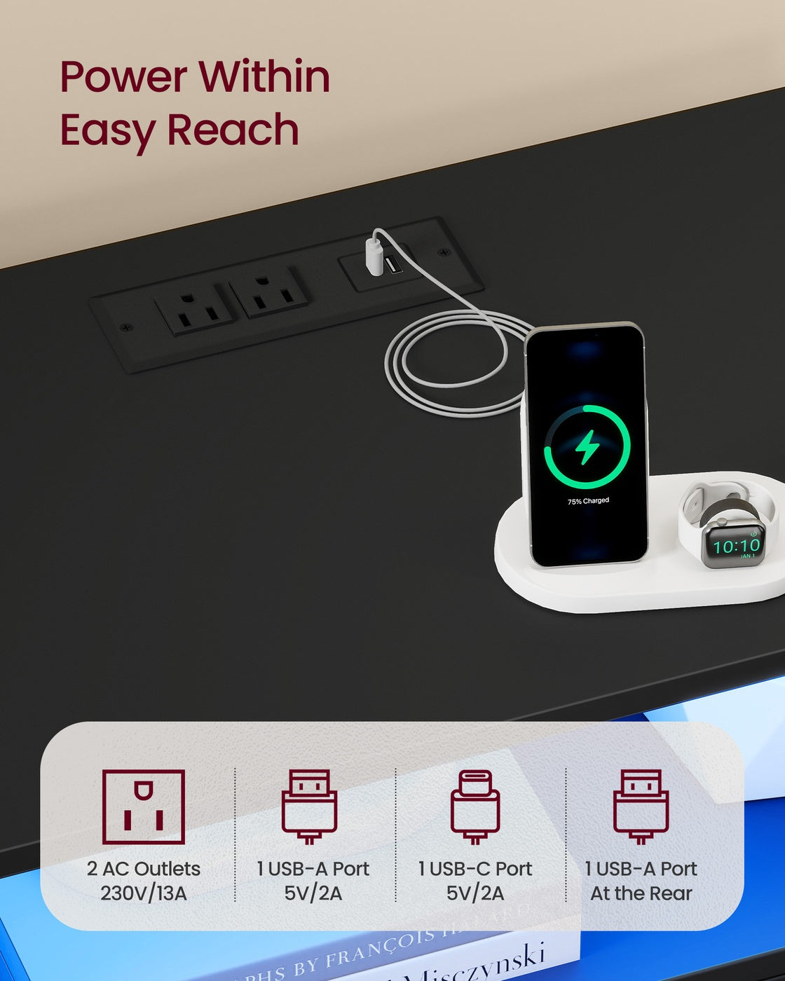 Smart Nightstand - Charging Station - LED Lights - With Drawers