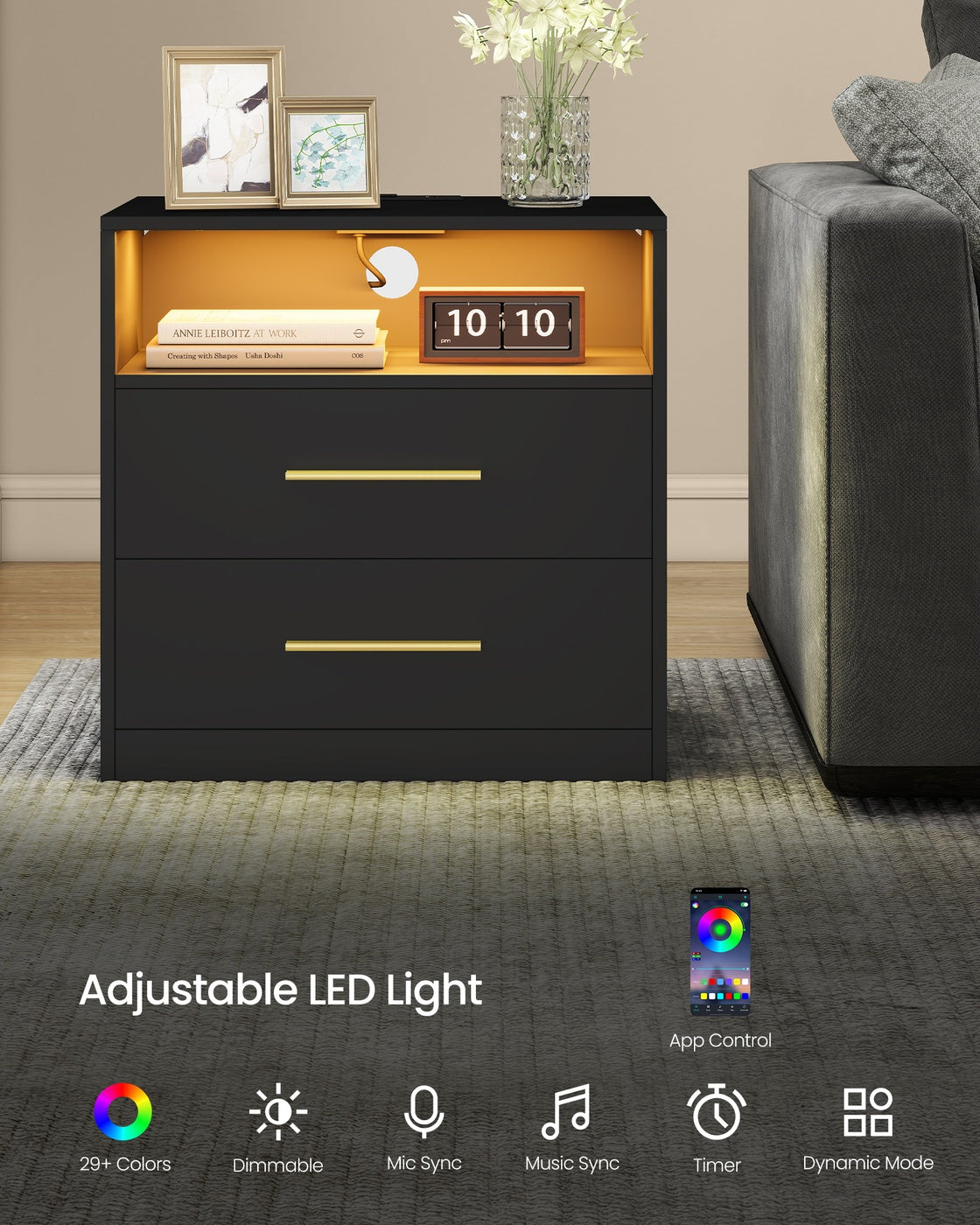 Smart Nightstand - Charging Station - LED Lights - With Drawers