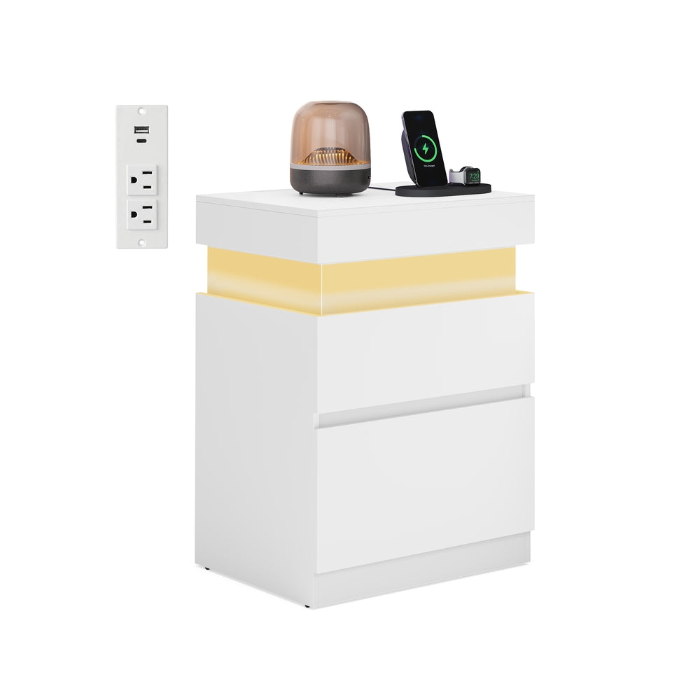 KAILYN Collection - Nightstand with Power Outlets - Sliding Lid - White LED
