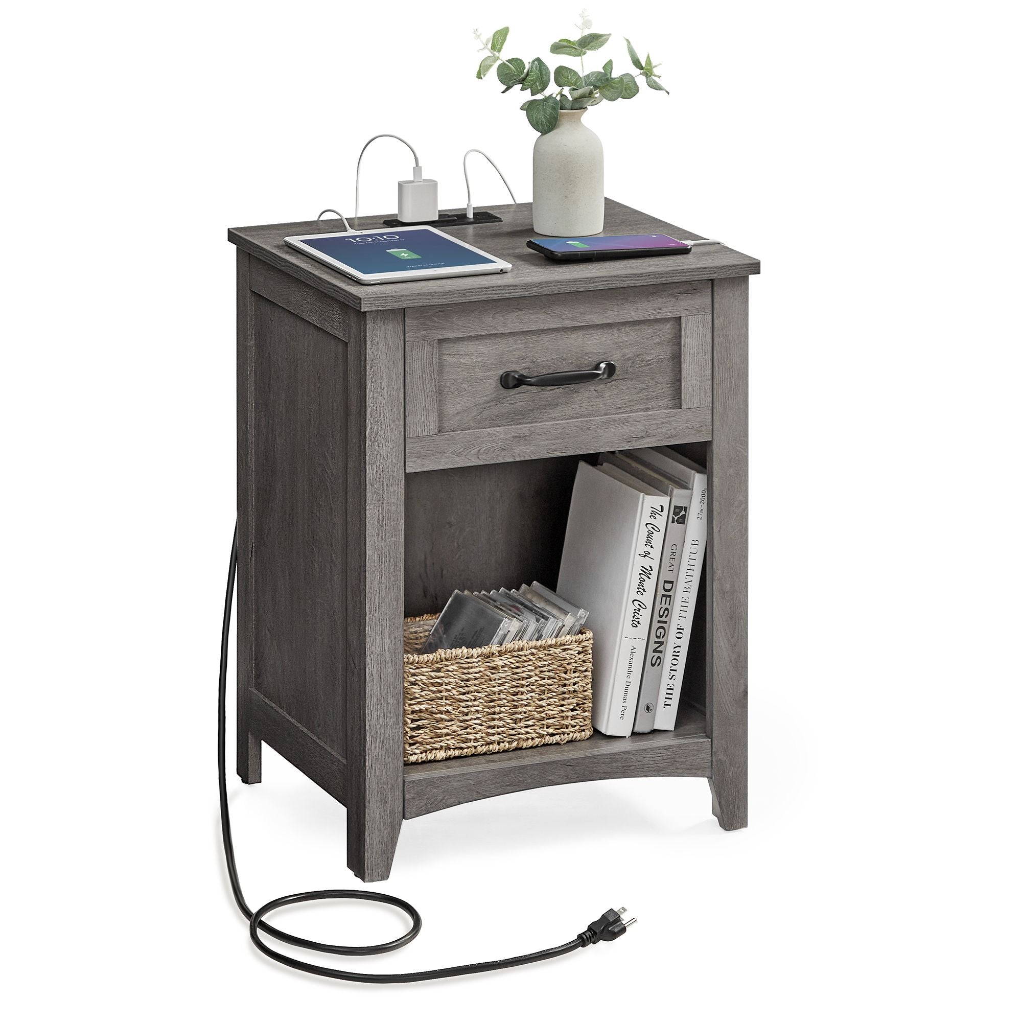Farmhouse Nightstands with Charging Station - Set of 2 - Bedside Tables with Drawer - Misty Gray