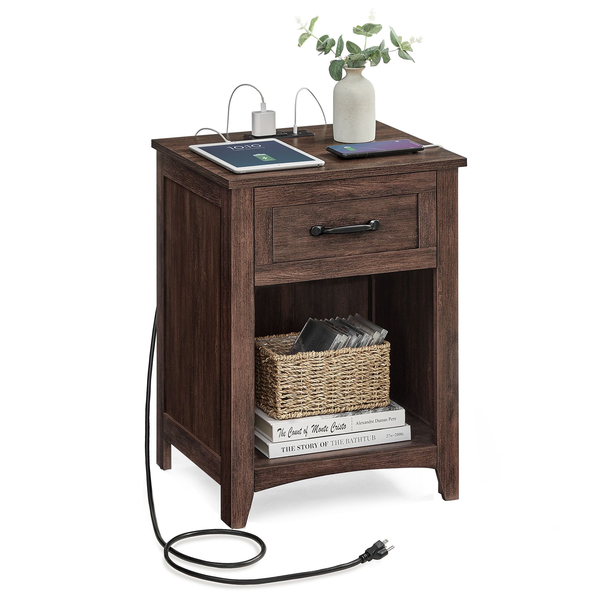 Farmhouse Nightstands with Charging Station - Set of 2 - Bedside Tables with Drawer - Maroon Brown
