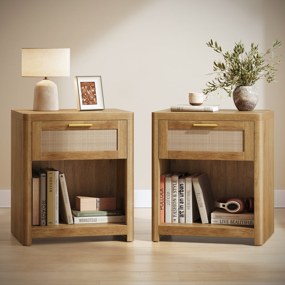 ELLAN Collection - Boho Nightstand with Drawer and Open Shelf - Natural Brown