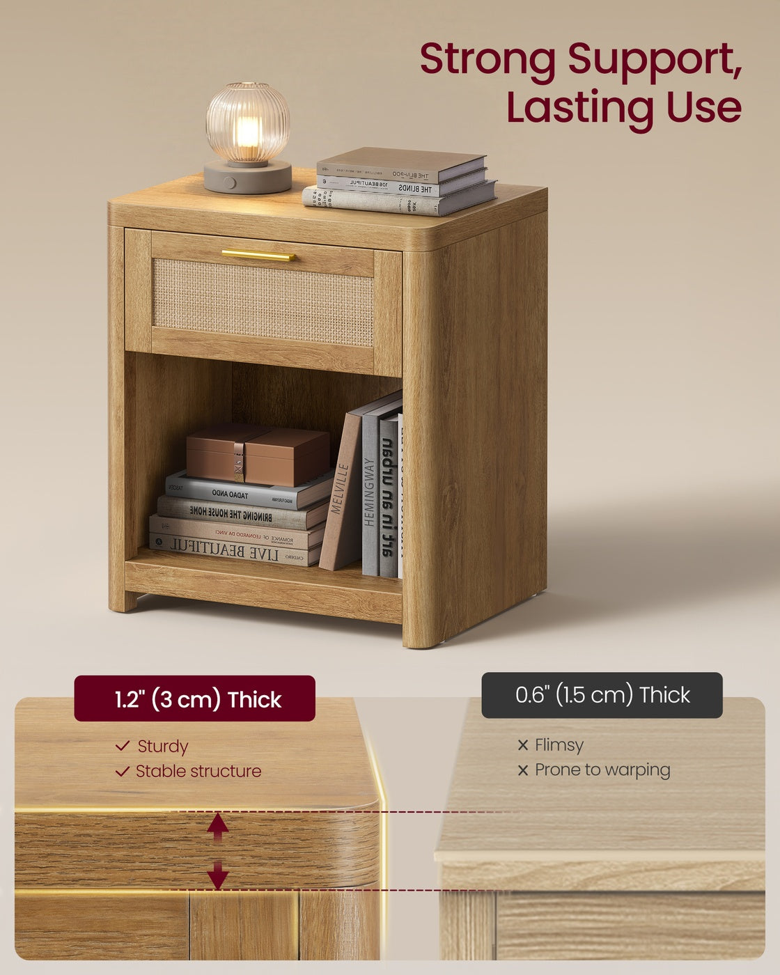 ELLAN Collection - Boho Nightstand with Drawer and Open Shelf - Natural Brown