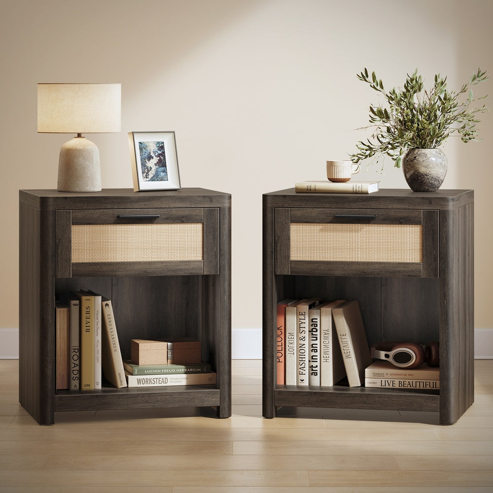 ELLAN Collection - Boho Nightstand with Drawer and Open Shelf - Taupe Brown