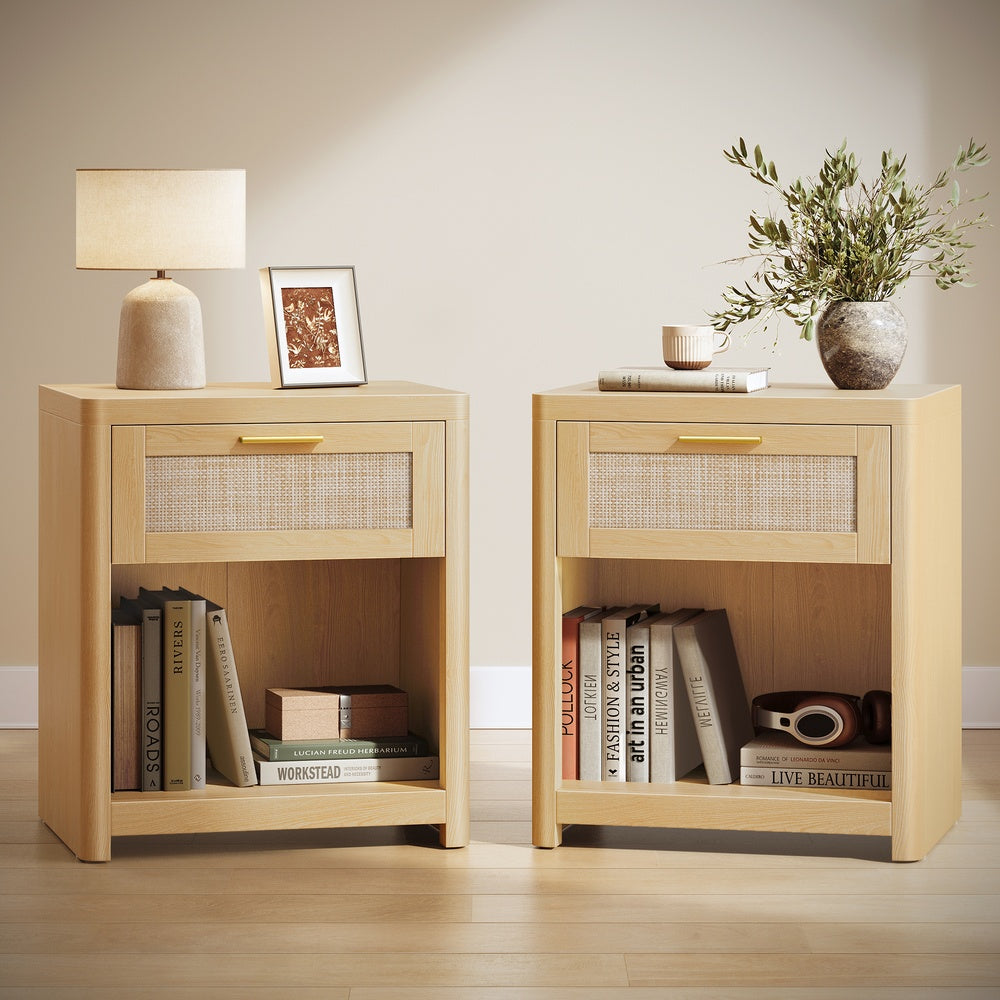 ELLAN Collection - Boho Nightstand with Drawer and Open Shelf - Oak Beige