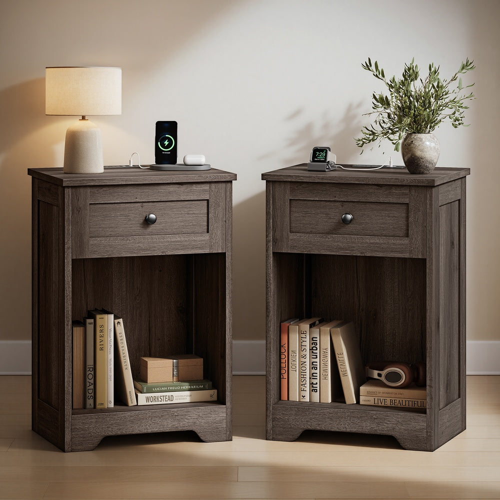 Farmhouse Nightstand with Charging Station and Drawer - Taupe