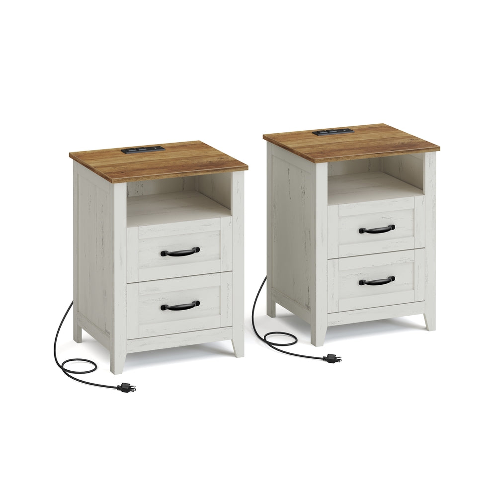 Set Of 2 Farmhouse Nightstands - White + Brown