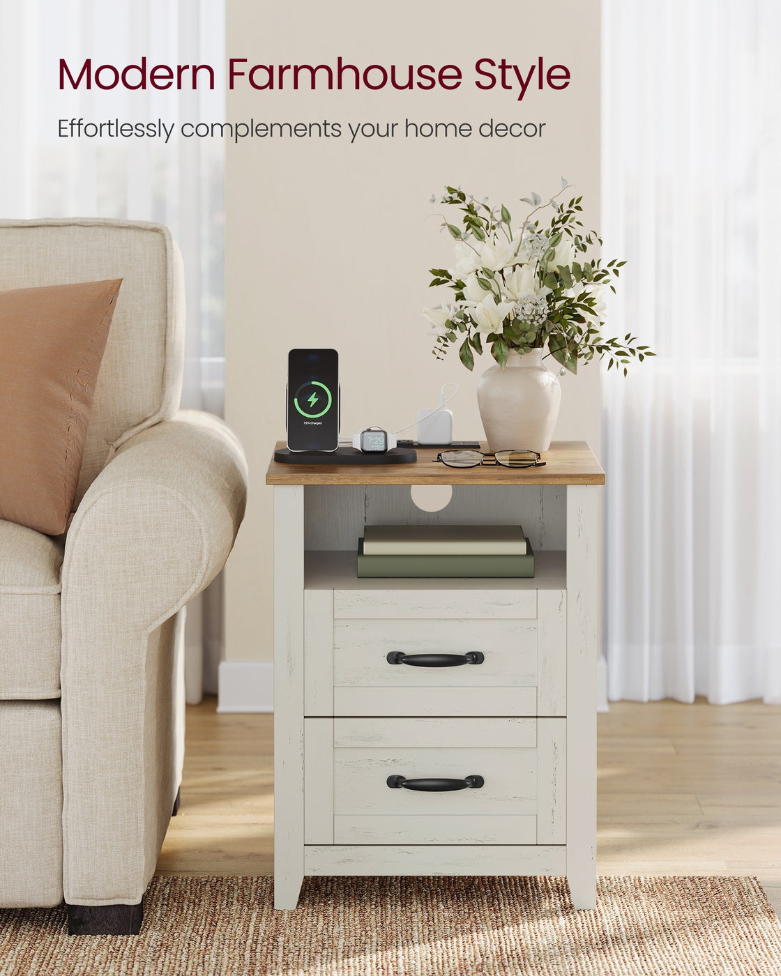 Farmhouse Nightstands - Charging Station - 2 Drawers - 23.6 inch - Set of 2