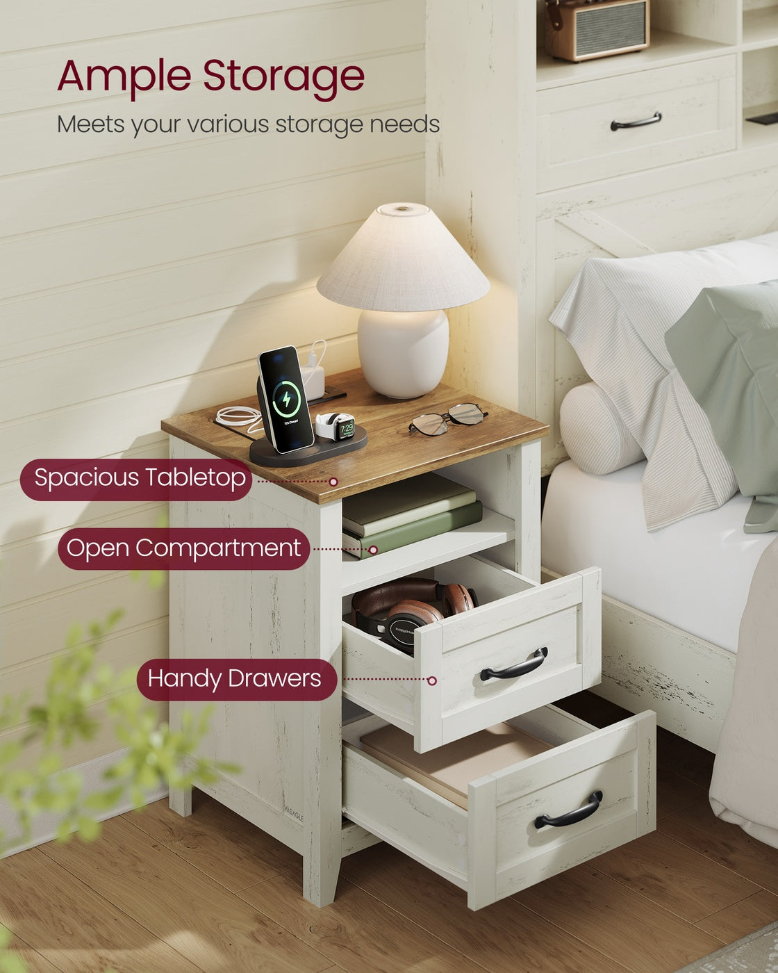 Farmhouse Nightstands - Charging Station - 2 Drawers - 23.6 inch - Set of 2
